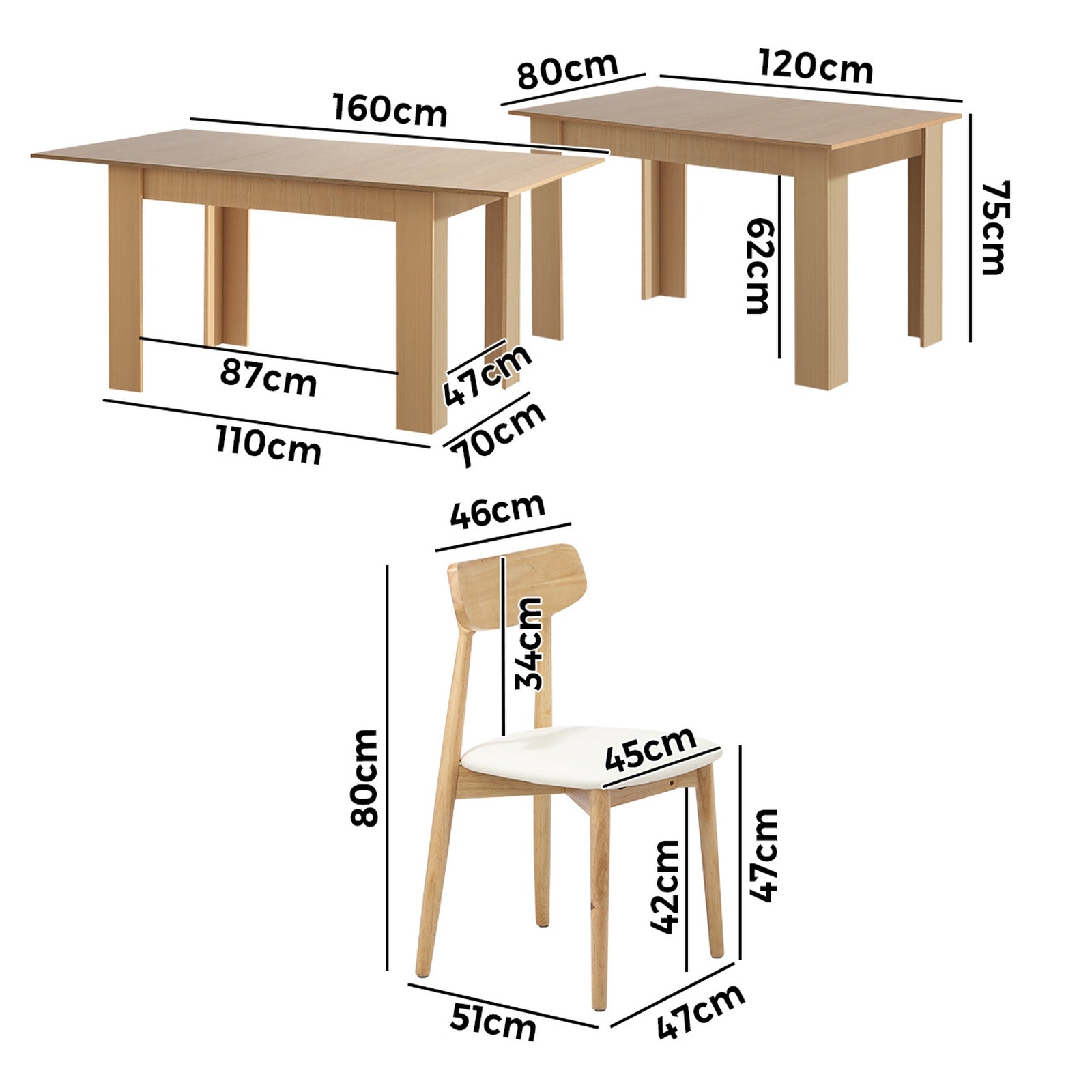 Oikiture 160cm Extendable Dining Table with 4x Dining Chairs PU Leather Natural - Sunyee