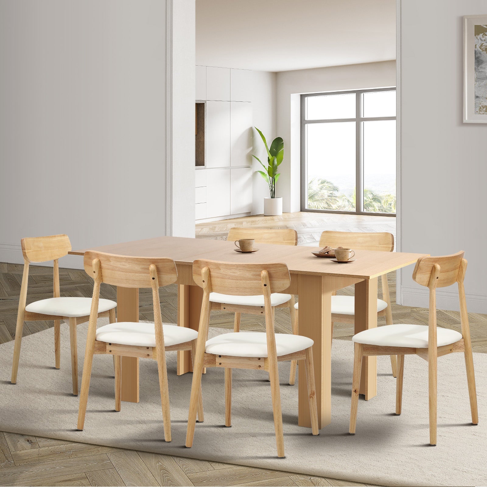 Oikiture 160cm Extendable Dining Table with 6x Dining Chairs PU Leather Natural - Sunyee