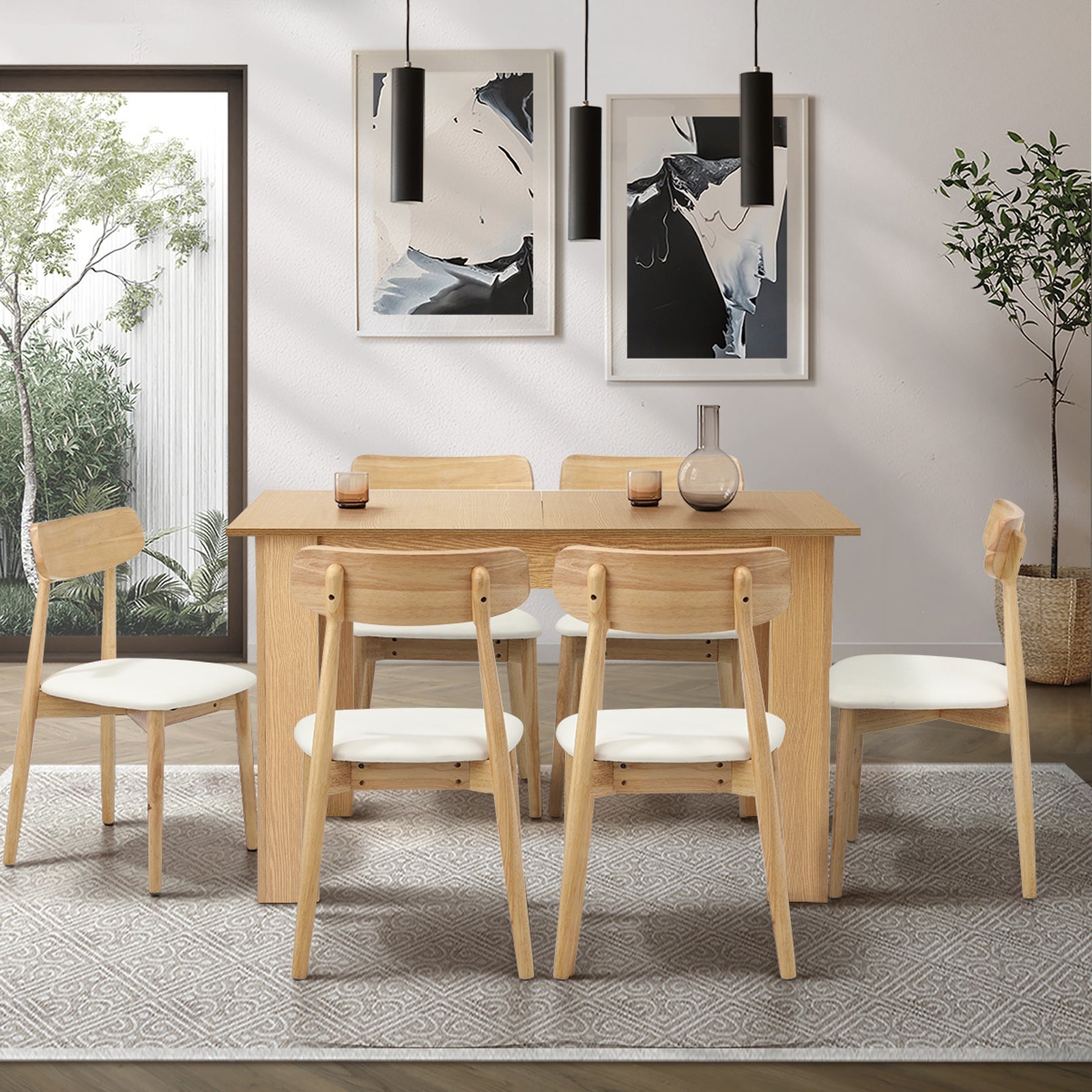 Oikiture 160cm Extendable Dining Table with 6x Dining Chairs PU Leather Natural - Sunyee
