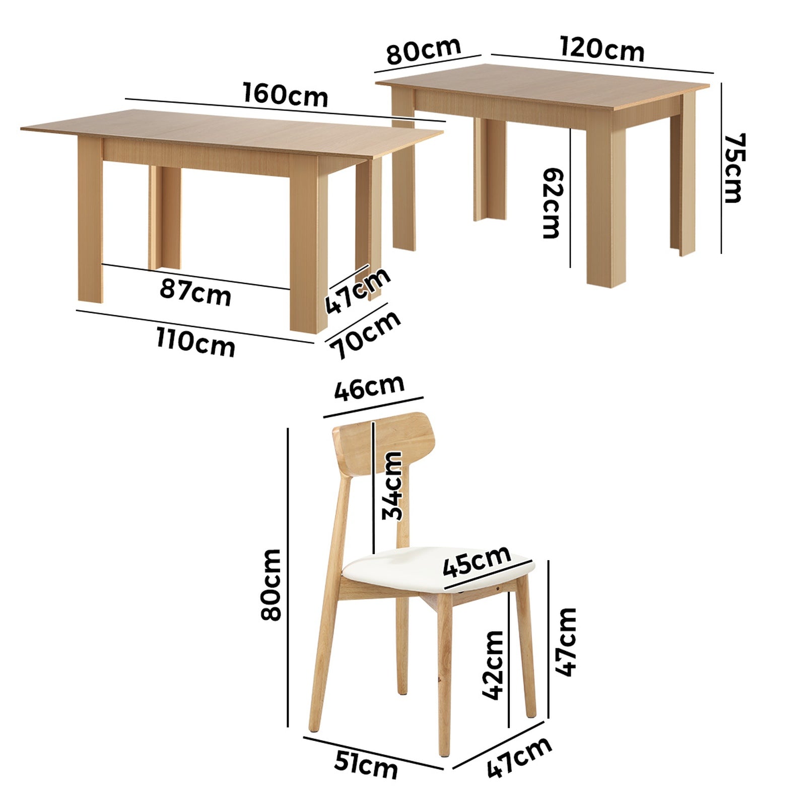 Oikiture 160cm Extendable Dining Table with 6x Dining Chairs PU Leather Natural - Sunyee