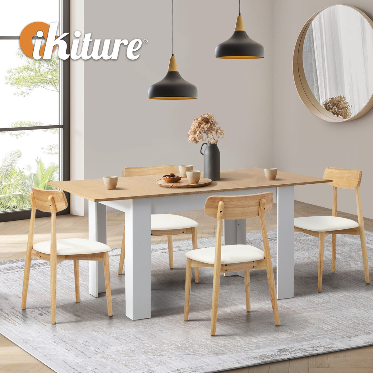 Oikiture 160cm Extendable Dining Table with 4x Dining Chairs PU Leather White - Sunyee
