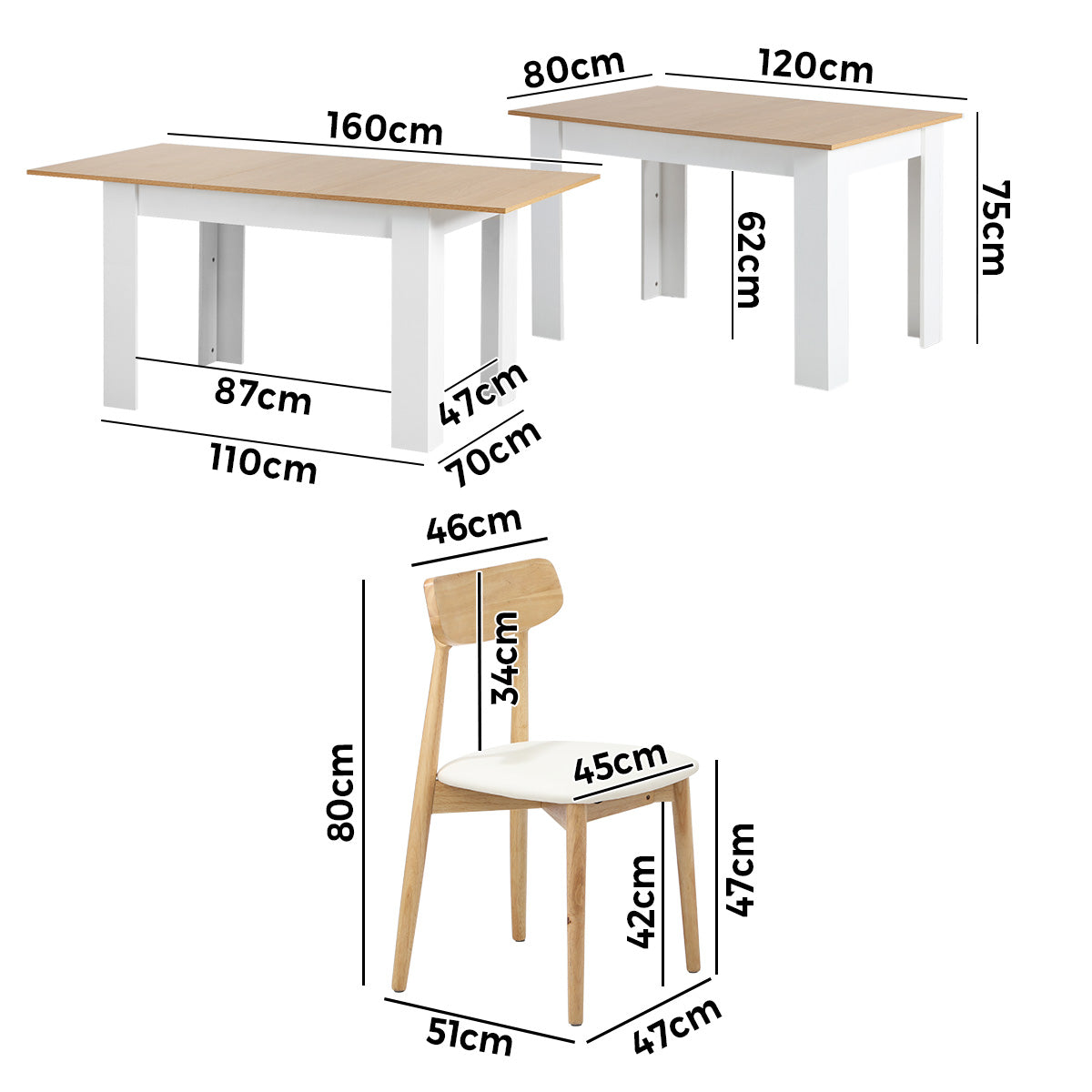 Oikiture 160cm Extendable Dining Table with 4x Dining Chairs PU Leather White - Sunyee