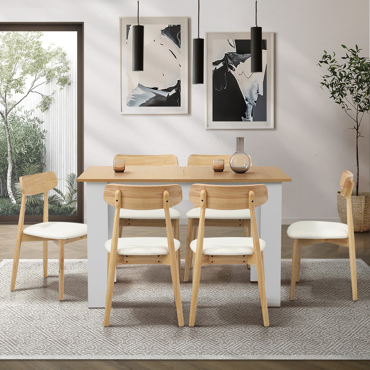 Oikiture 160cm Extendable Dining Table with 6x Dining Chairs PU Leather White - Sunyee