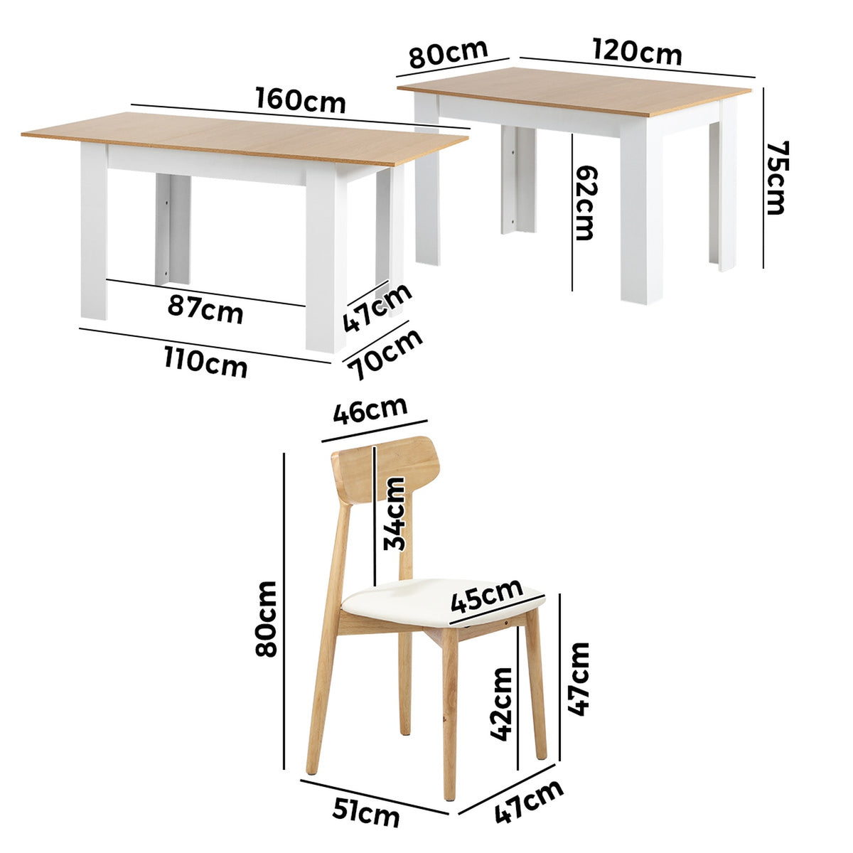 Oikiture 160cm Extendable Dining Table with 6x Dining Chairs PU Leather White - Sunyee