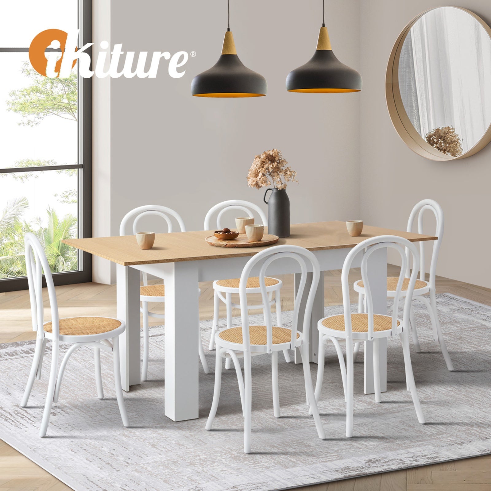 Oikiture 160cm Extendable Dining Table with 6PCS Crossback Dining Chairs White - Sunyee