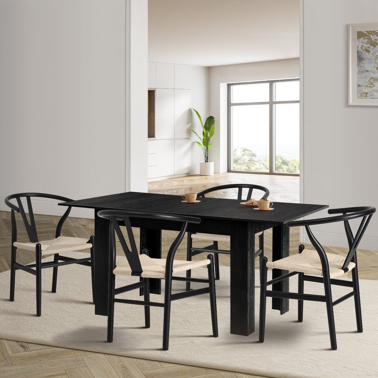Oikiture 160cm Extendable Dining Table with 4x Hans Wegner Dining Chairs Black - Sunyee