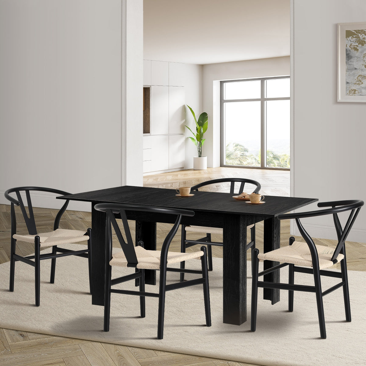 Oikiture 160cm Extendable Dining Table with 6x Hans Wegner Dining Chairs Black - Sunyee