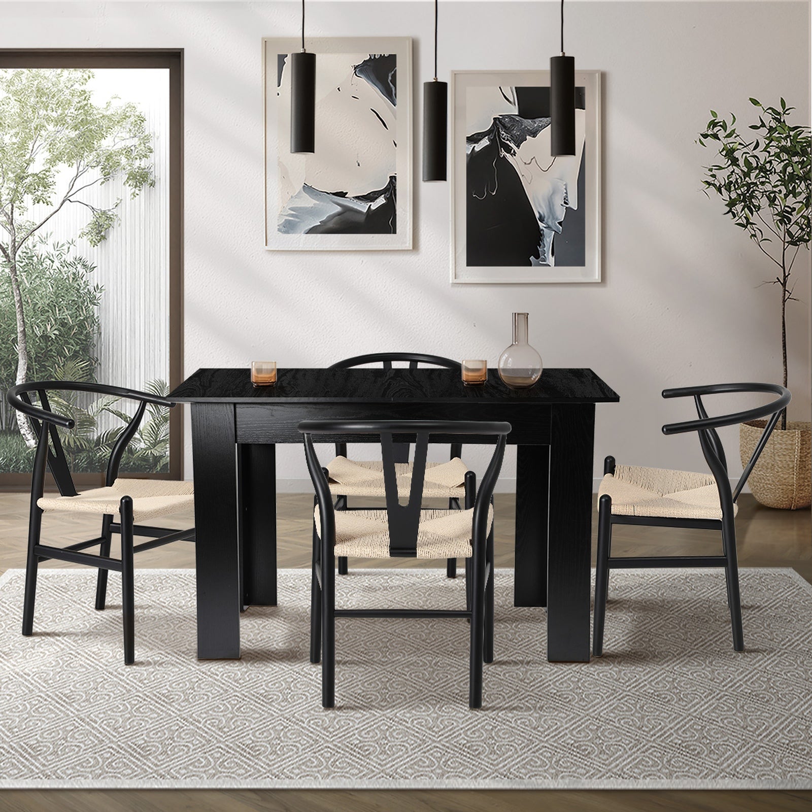 Oikiture 160cm Extendable Dining Table with 4x Hans Wegner Dining Chairs Black - Sunyee