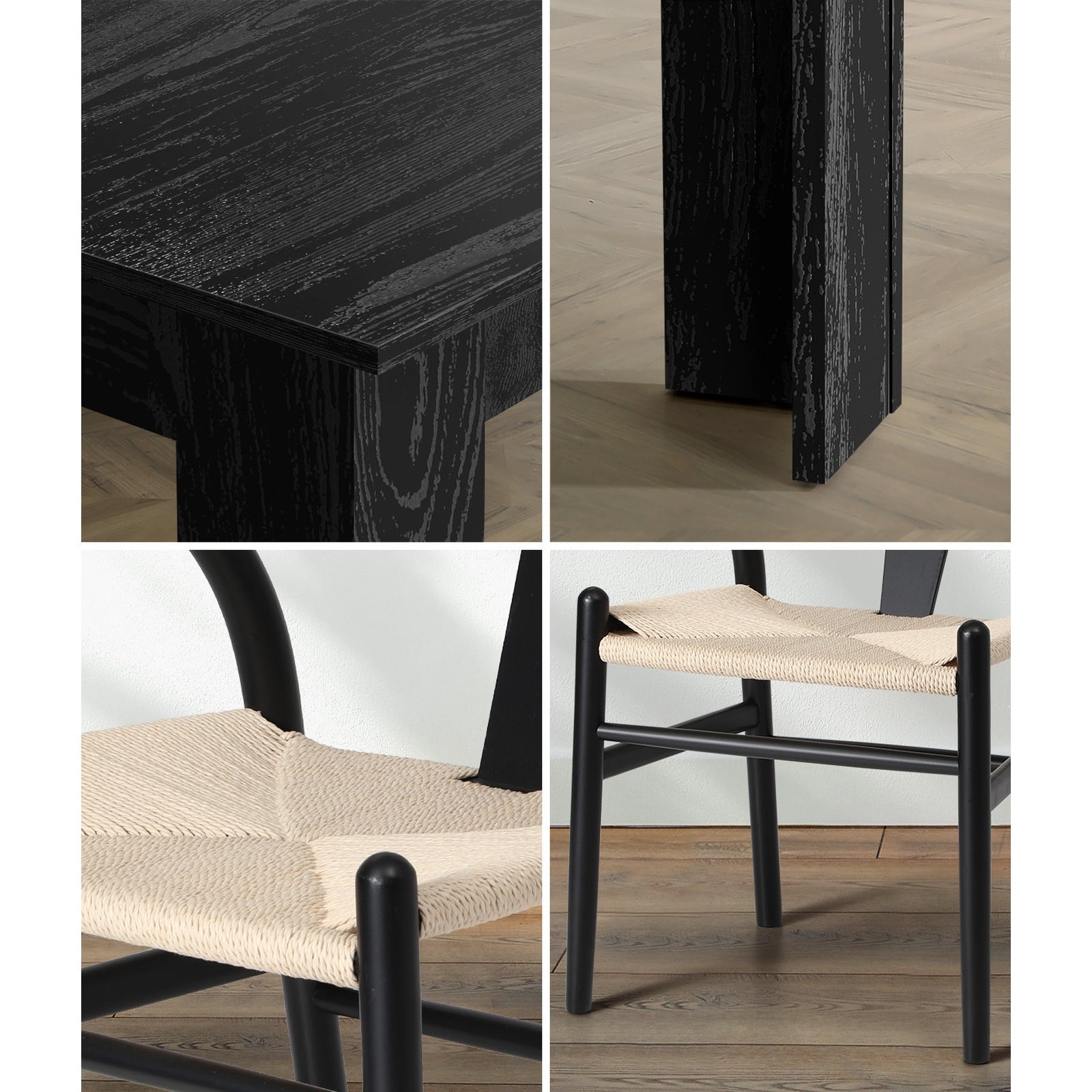 Oikiture 160cm Extendable Dining Table with 4x Hans Wegner Dining Chairs Black - Sunyee