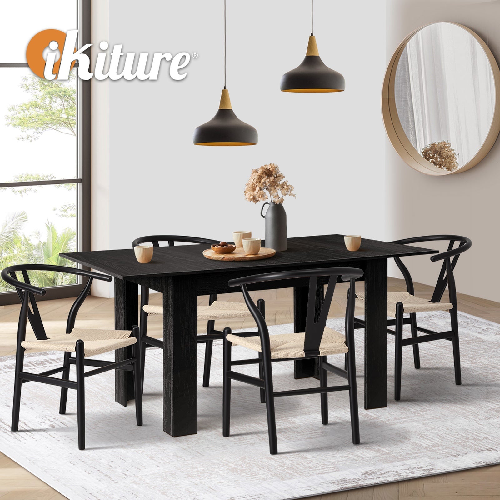Oikiture 160cm Extendable Dining Table with 4x Hans Wegner Dining Chairs Black - Sunyee
