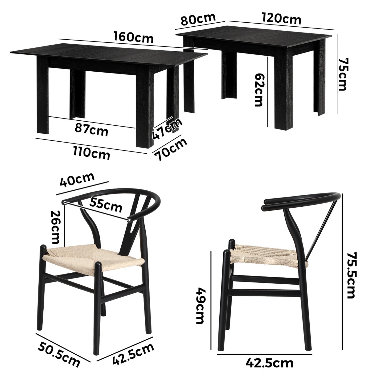 Oikiture 160cm Extendable Dining Table with 4x Hans Wegner Dining Chairs Black - Sunyee