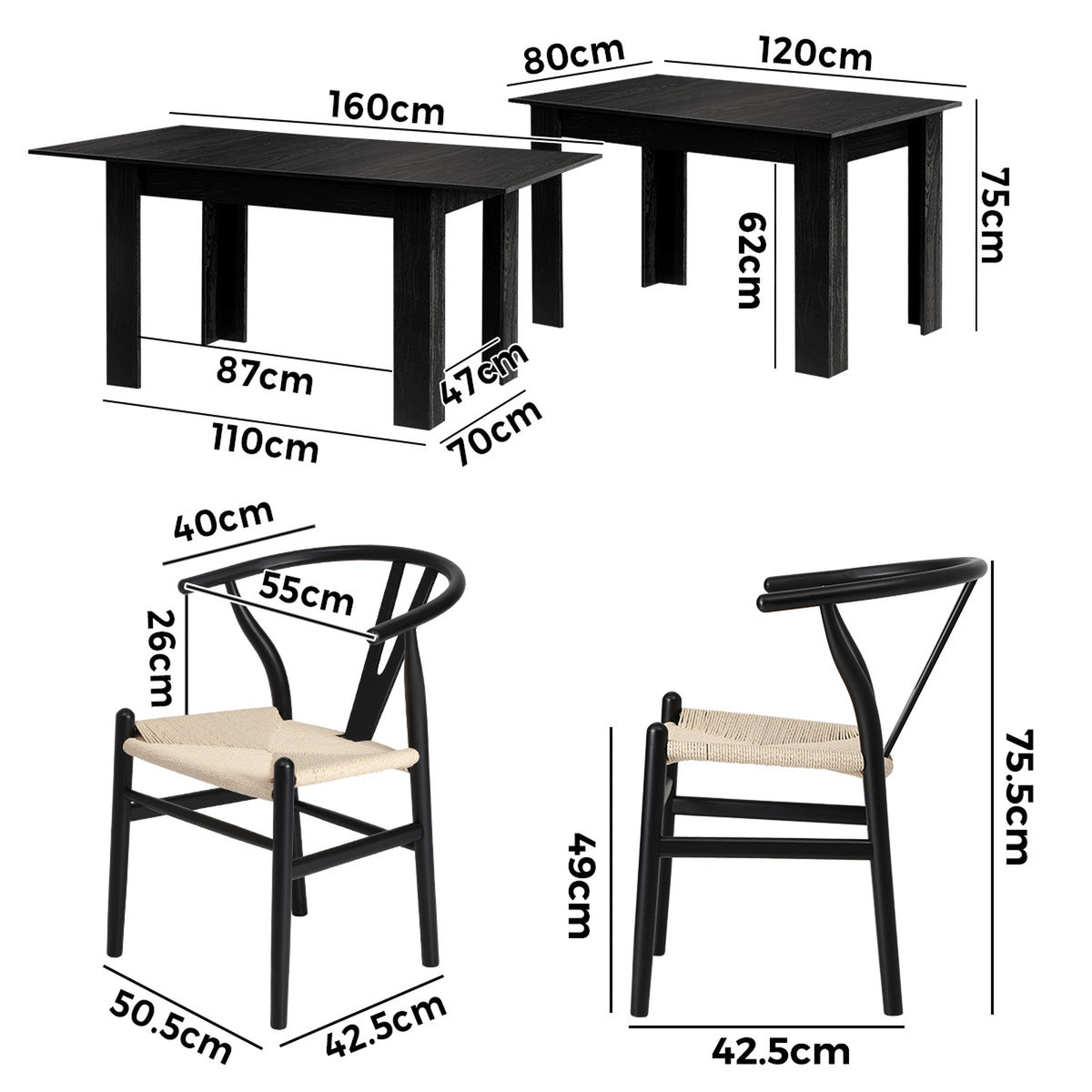 Oikiture 160cm Extendable Dining Table with 6x Hans Wegner Dining Chairs Black - Sunyee