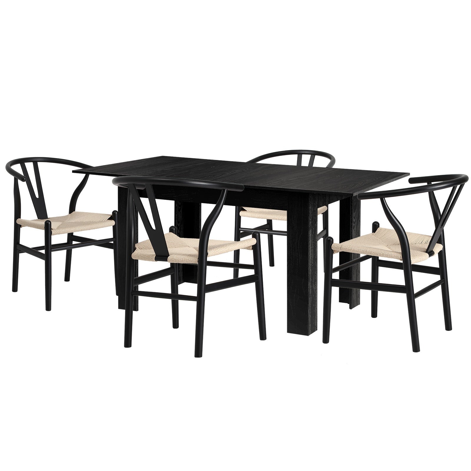 Oikiture 160cm Extendable Dining Table with 4x Hans Wegner Dining Chairs Black - Sunyee