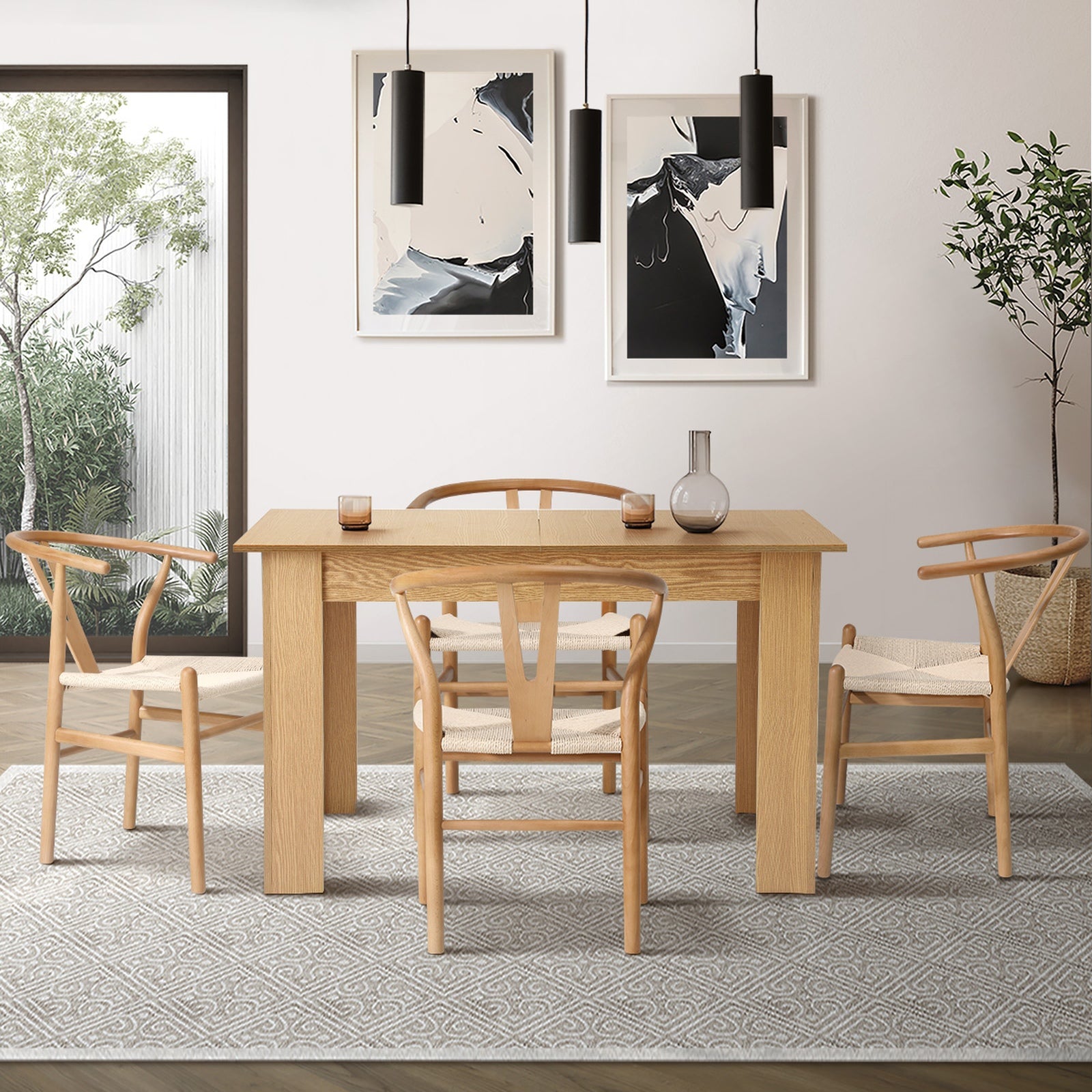 Oikiture 160cm Extendable Dining Table with 4x Hans Wegner Dining Chairs Natural - Sunyee