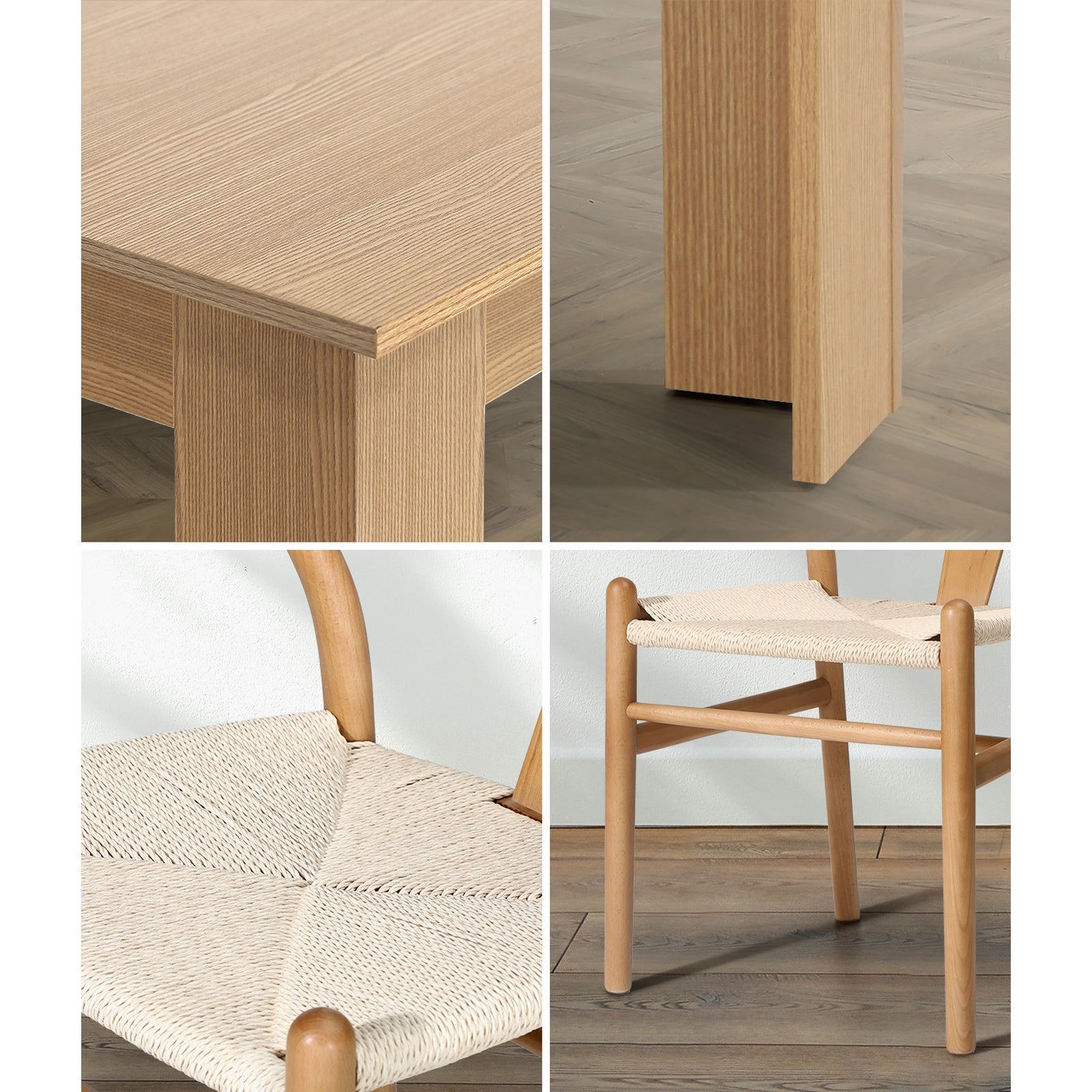 Oikiture 160cm Extendable Dining Table with 4x Hans Wegner Dining Chairs Natural - Sunyee