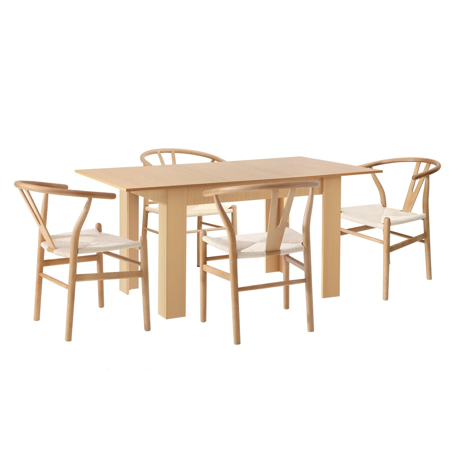 Oikiture 160cm Extendable Dining Table with 4x Hans Wegner Dining Chairs Natural - Sunyee