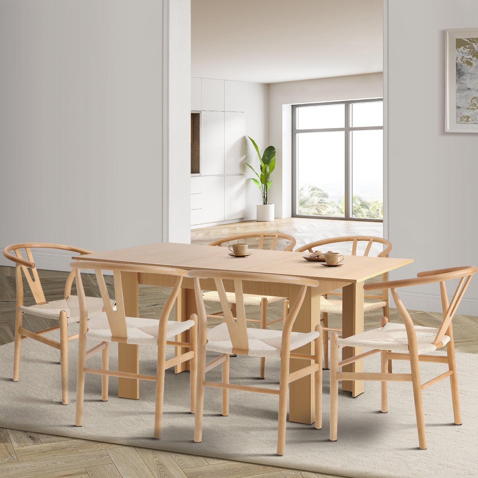 Oikiture 160cm Extendable Dining Table with 6x Hans Wegner Dining Chairs Natural - Sunyee