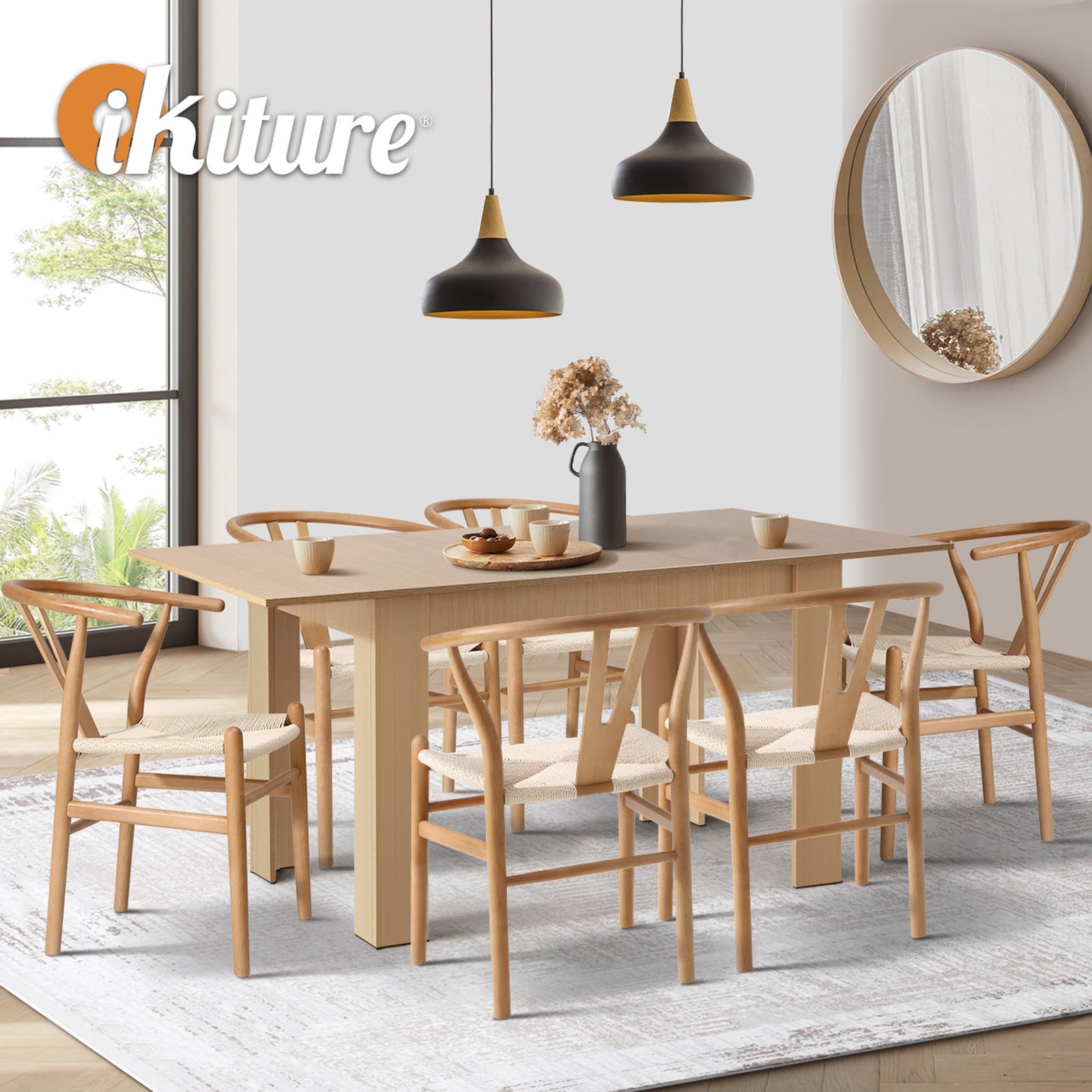 Oikiture 160cm Extendable Dining Table with 6x Hans Wegner Dining Chairs Natural - Sunyee