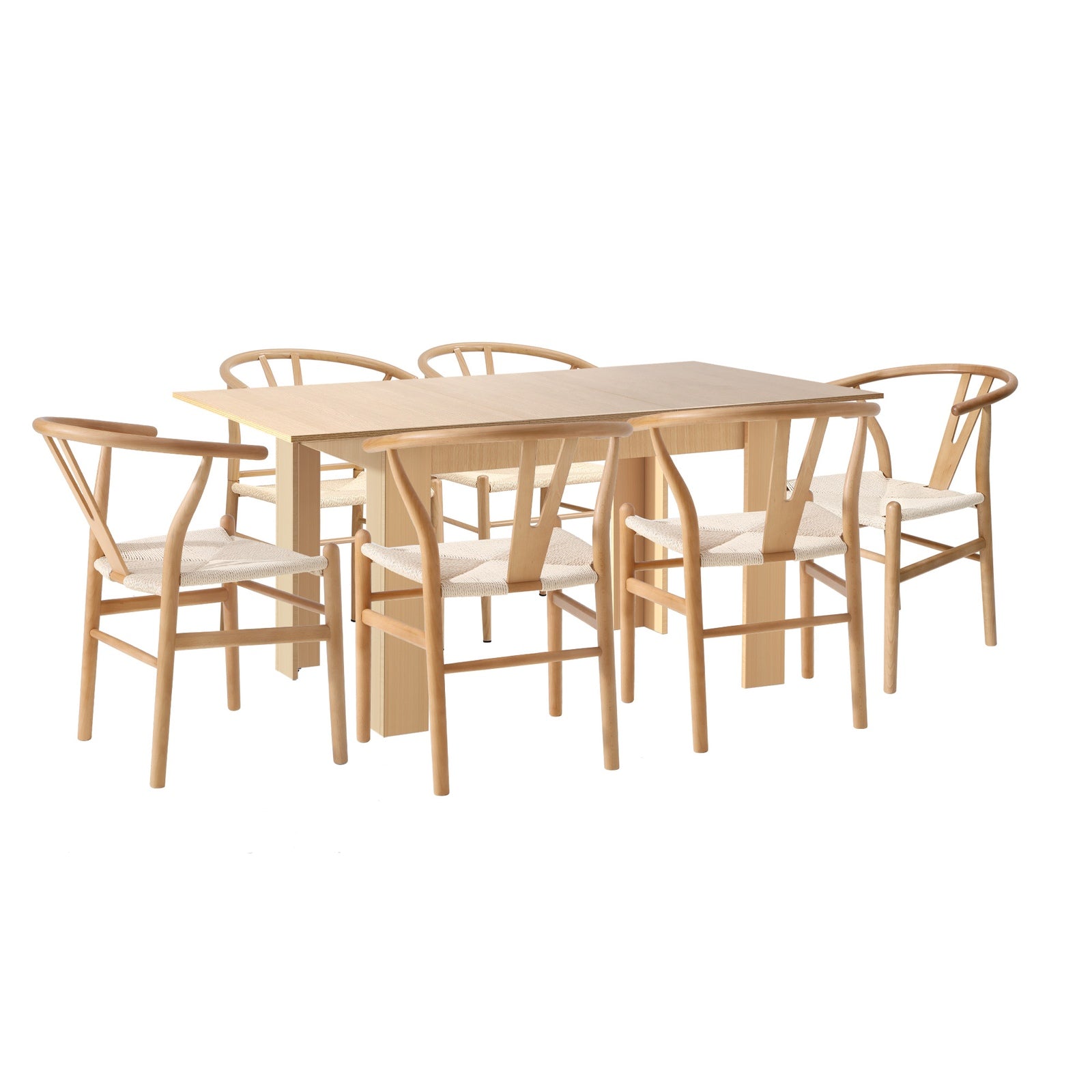 Oikiture 160cm Extendable Dining Table with 6x Hans Wegner Dining Chairs Natural - Sunyee