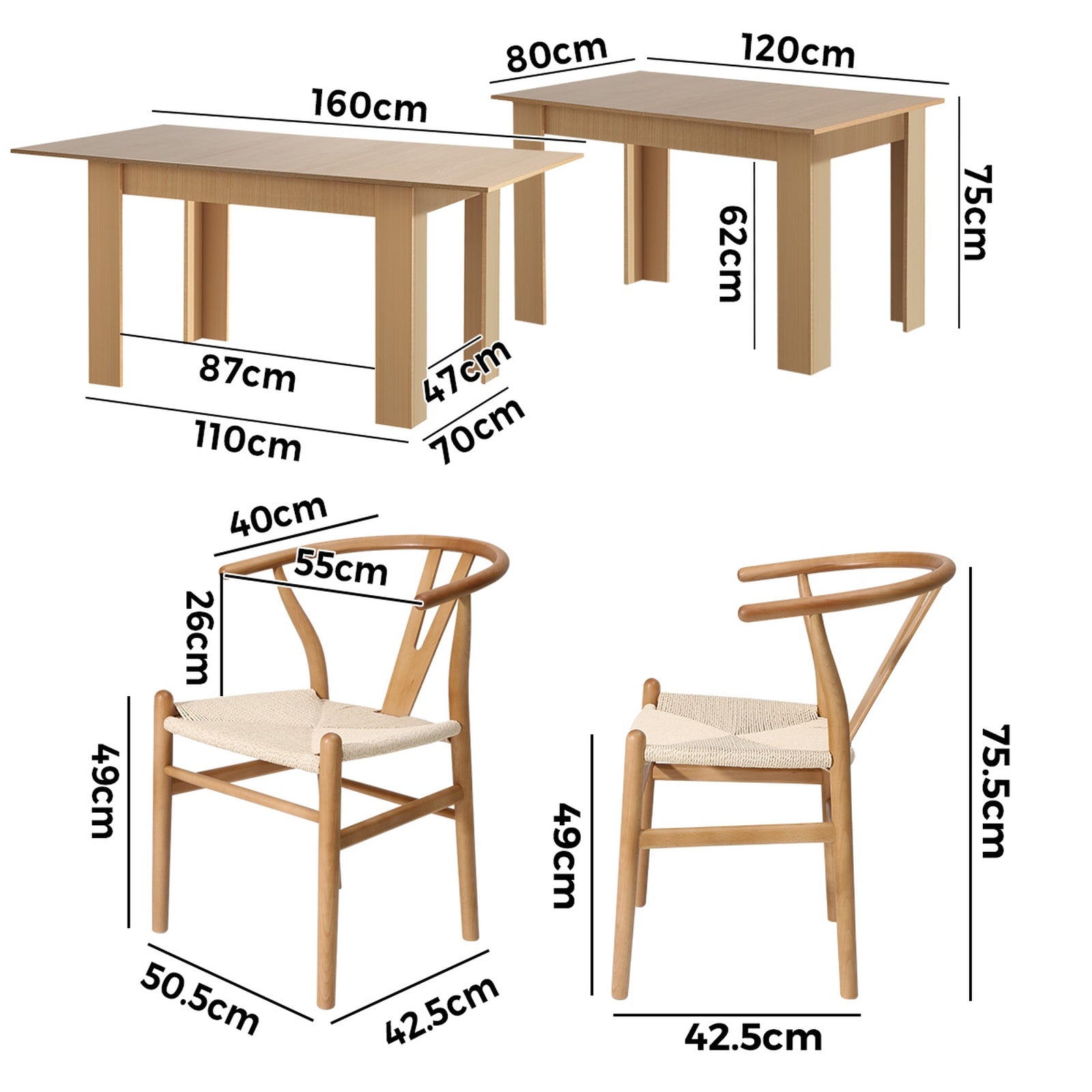 Oikiture 160cm Extendable Dining Table with 6x Hans Wegner Dining Chairs Natural - Sunyee