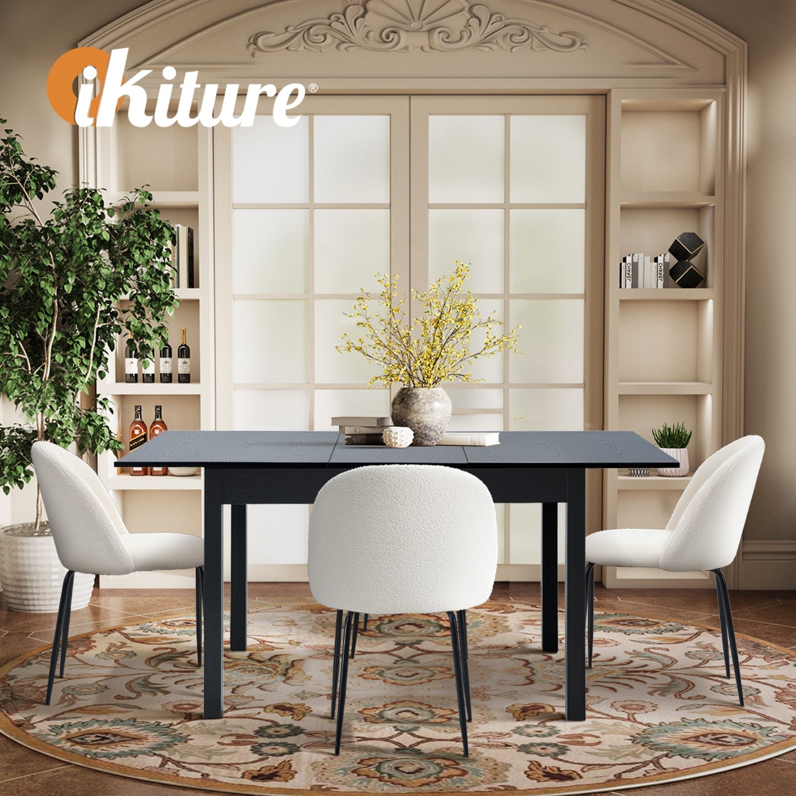 Oikiture 5pc Extenable Dining Table and Chairs Kitchen Dining Set Black&White - Sunyee