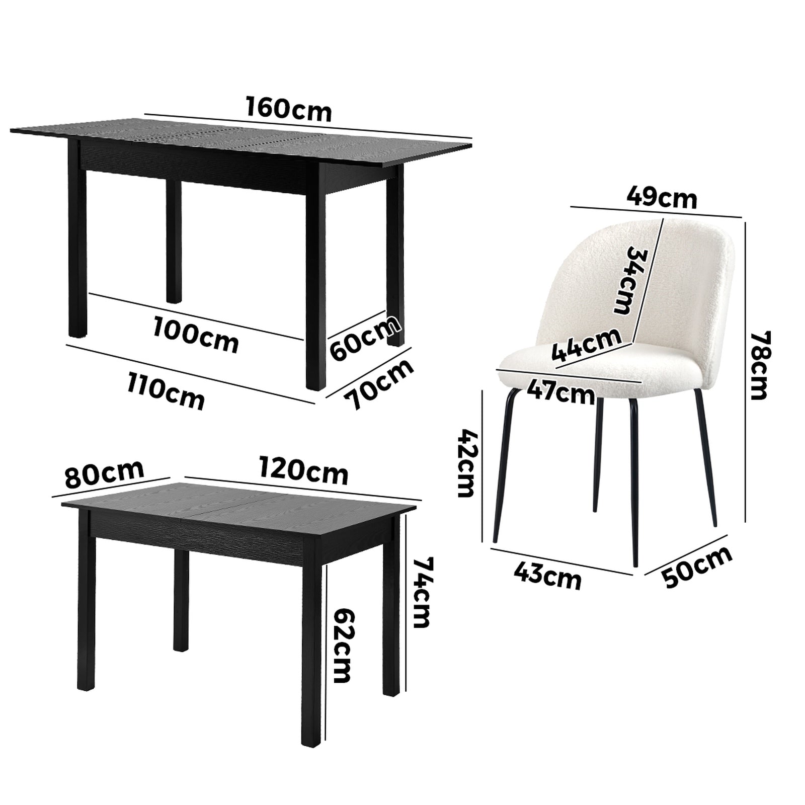 Oikiture 5pc Extenable Dining Table and Chairs Kitchen Dining Set Black&White - Sunyee