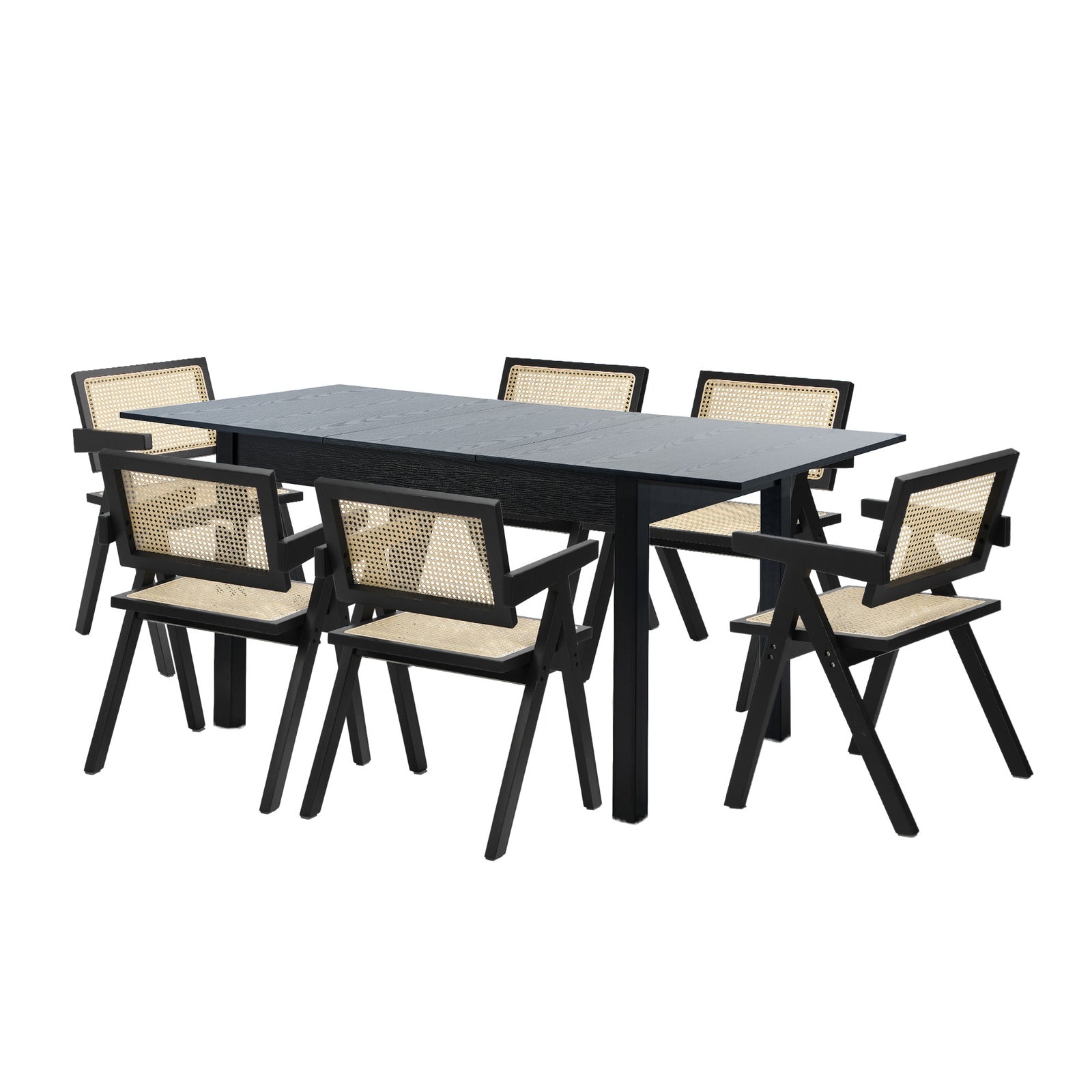 Oikiture 7pc Extenable Dining Table and Chairs Wooden Dining Set Ratten Black - Sunyee