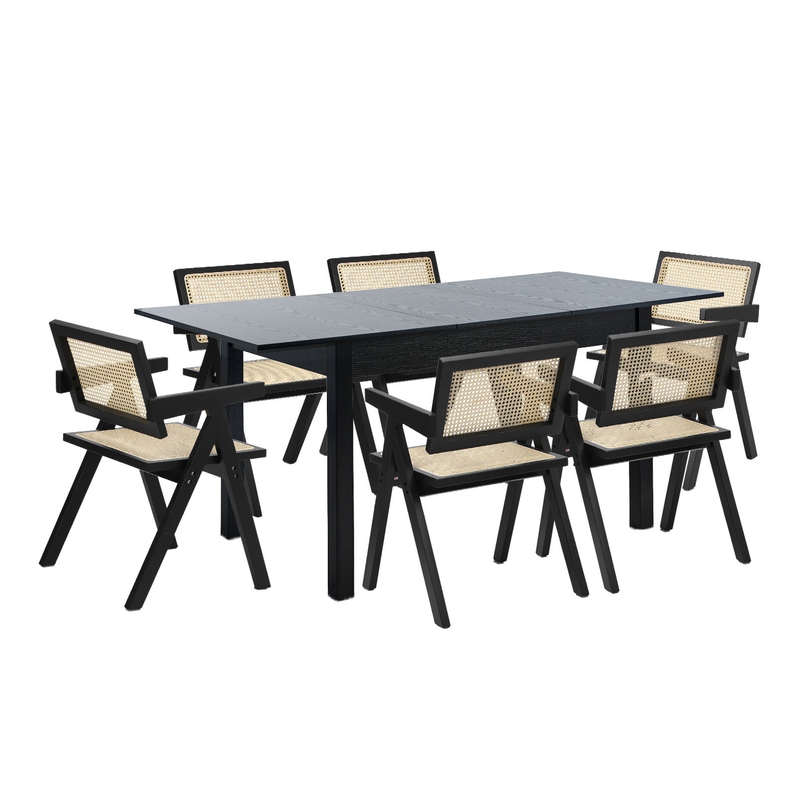 Oikiture 7pc Extenable Dining Table and Chairs Wooden Dining Set Ratten Black - Sunyee