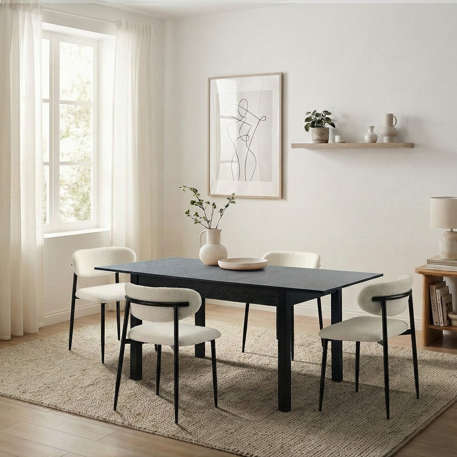 Oikiture 5pc Extenable Dining Table and Chairs Wooden Dining Set Boucle Black - Sunyee