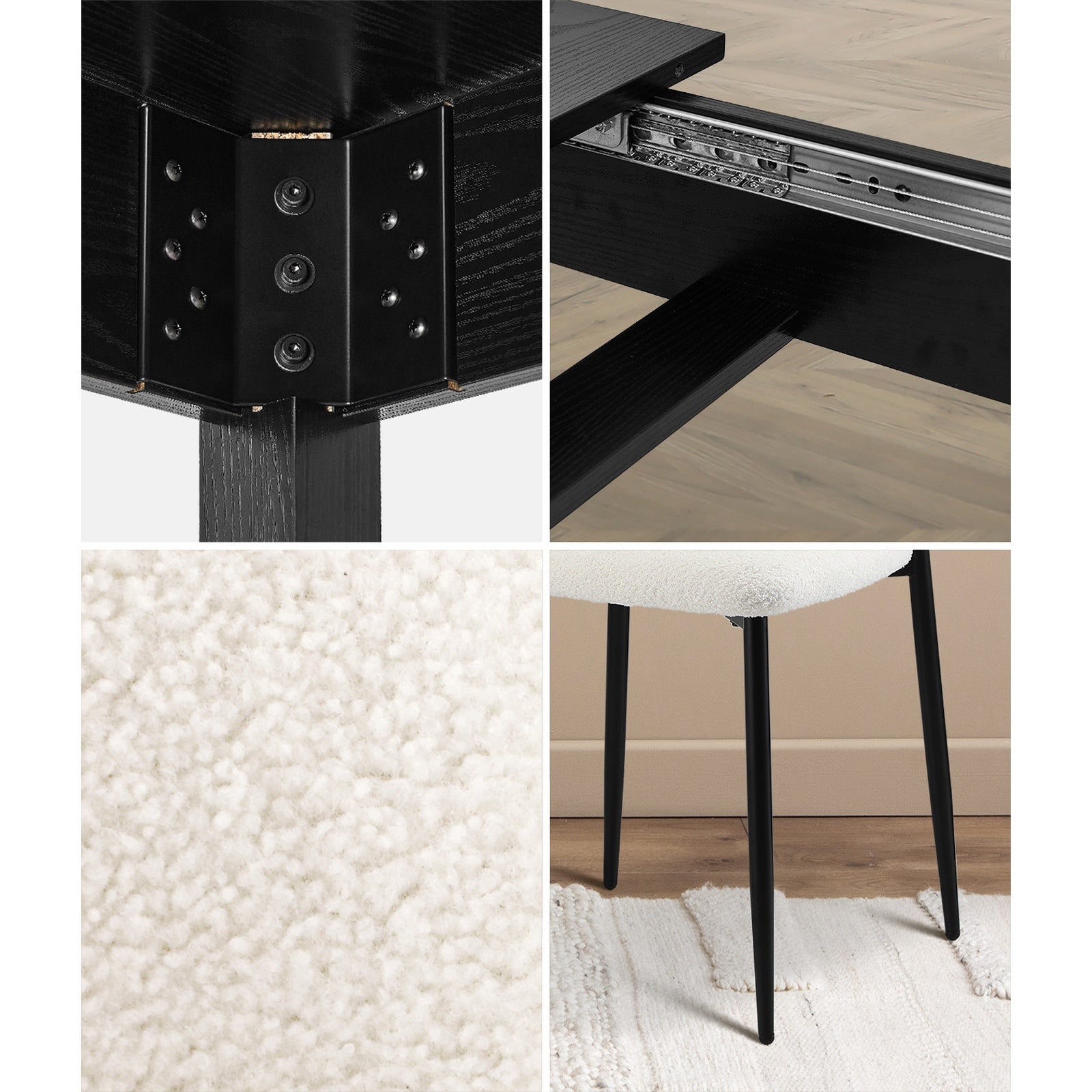 Oikiture 5pc Extenable Dining Table and Chairs Wooden Dining Set Boucle Black - Sunyee