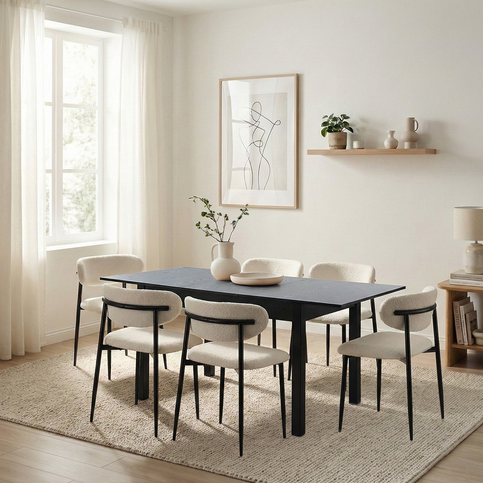 Oikiture 7pc Extenable Dining Table and Chairs Wooden Dining Set Boucle Black - Sunyee