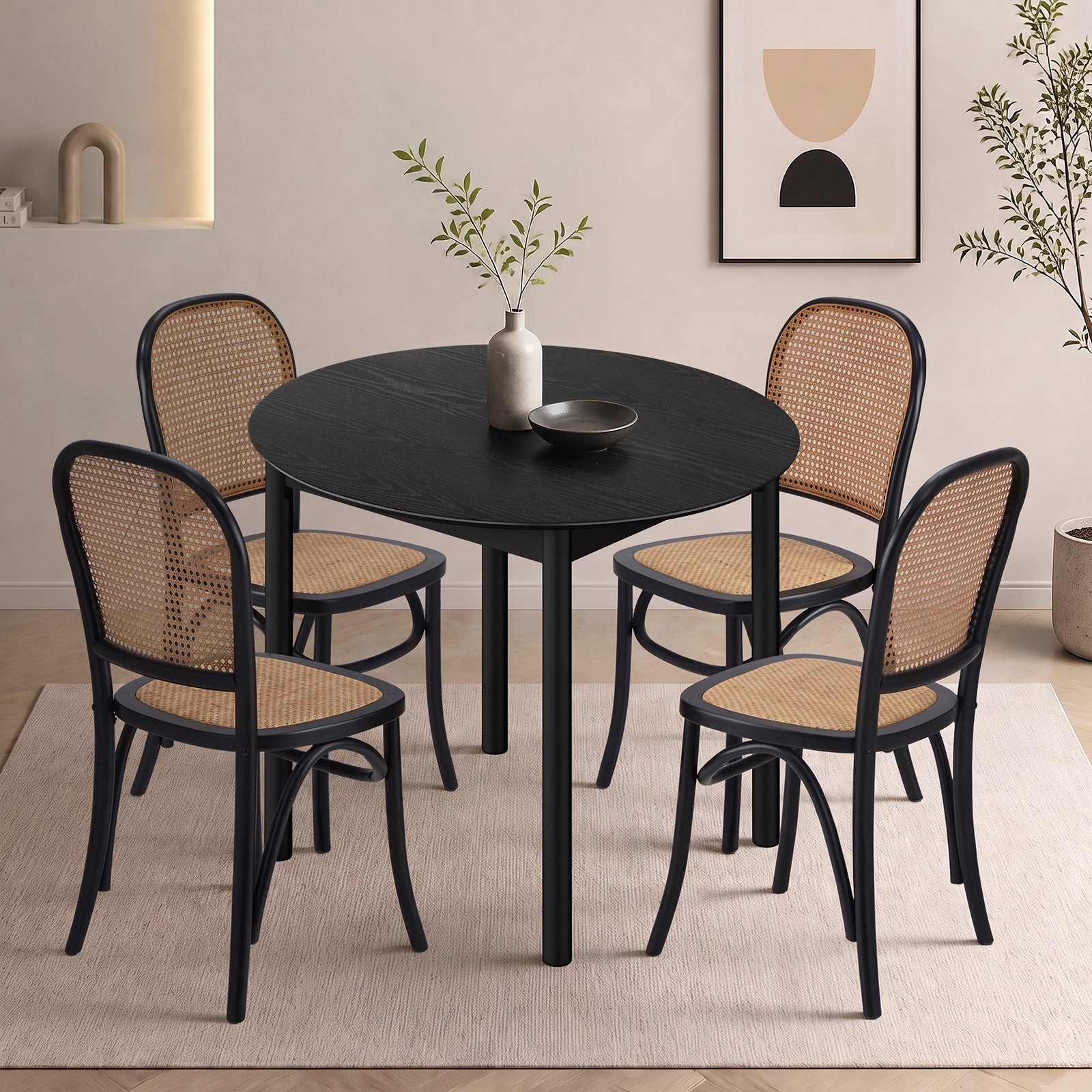 Oikiture 5PCS Dining Table Set Round Kitchen Table 4 Rattan Dining Chairs Black