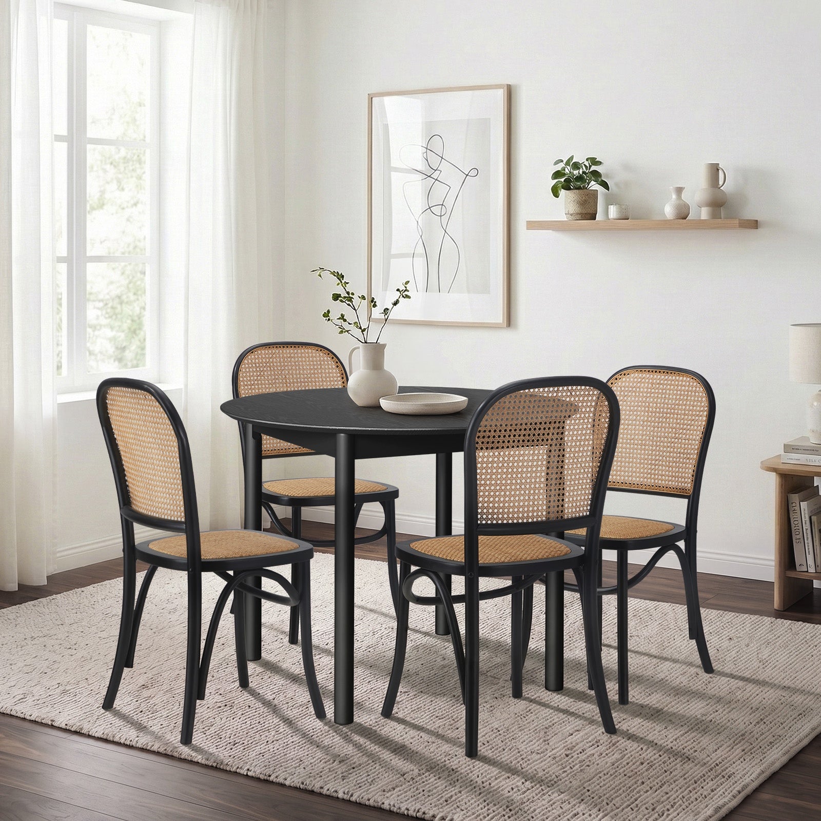 Oikiture 5PCS Dining Table Set Round Kitchen Table 4 Rattan Dining Chairs Black