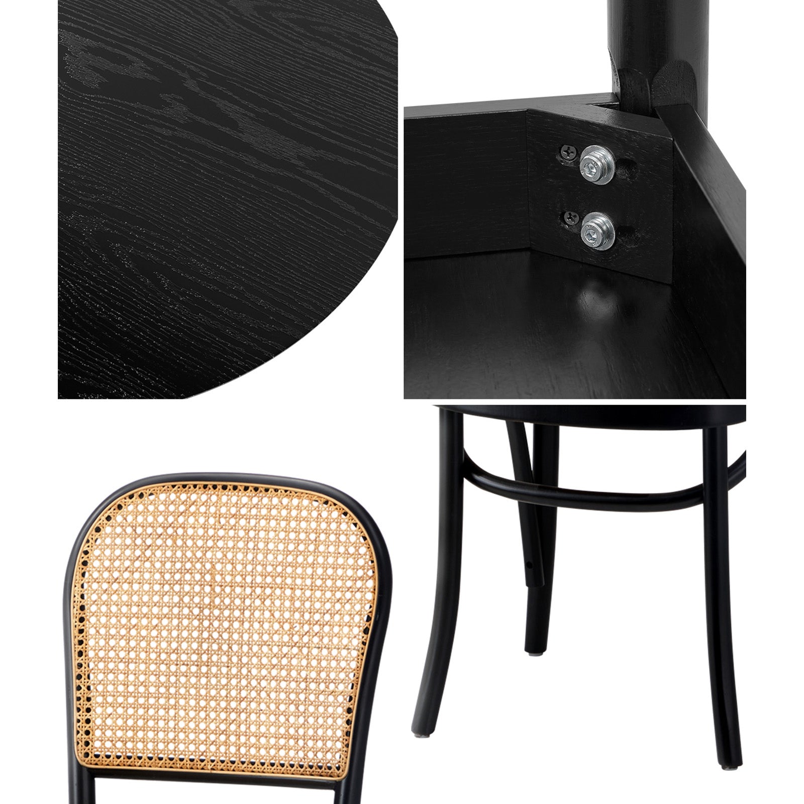 Oikiture 5PCS Dining Table Set Round Kitchen Table 4 Rattan Dining Chairs Black