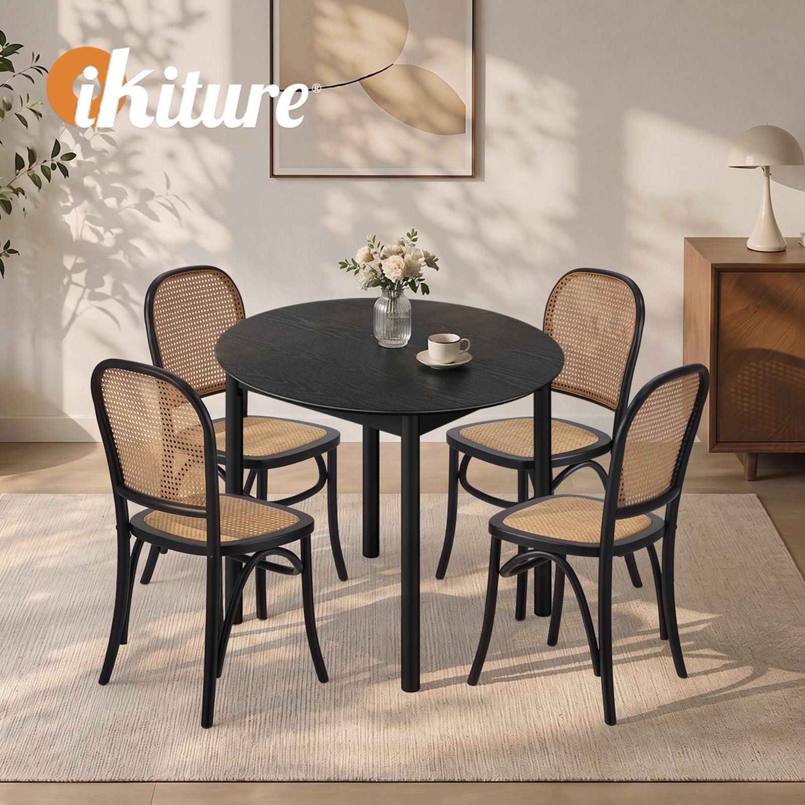 Oikiture 5PCS Dining Table Set Round Kitchen Table 4 Rattan Dining Chairs Black