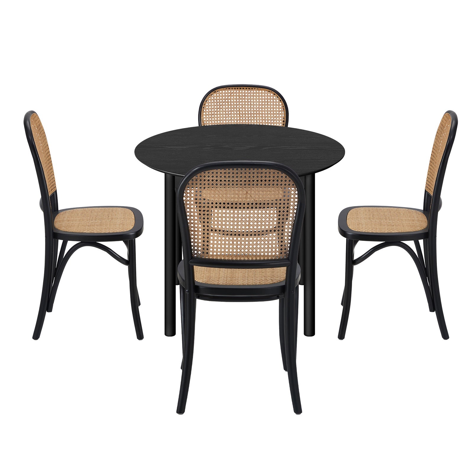 Oikiture 5PCS Dining Table Set Round Kitchen Table 4 Rattan Dining Chairs Black