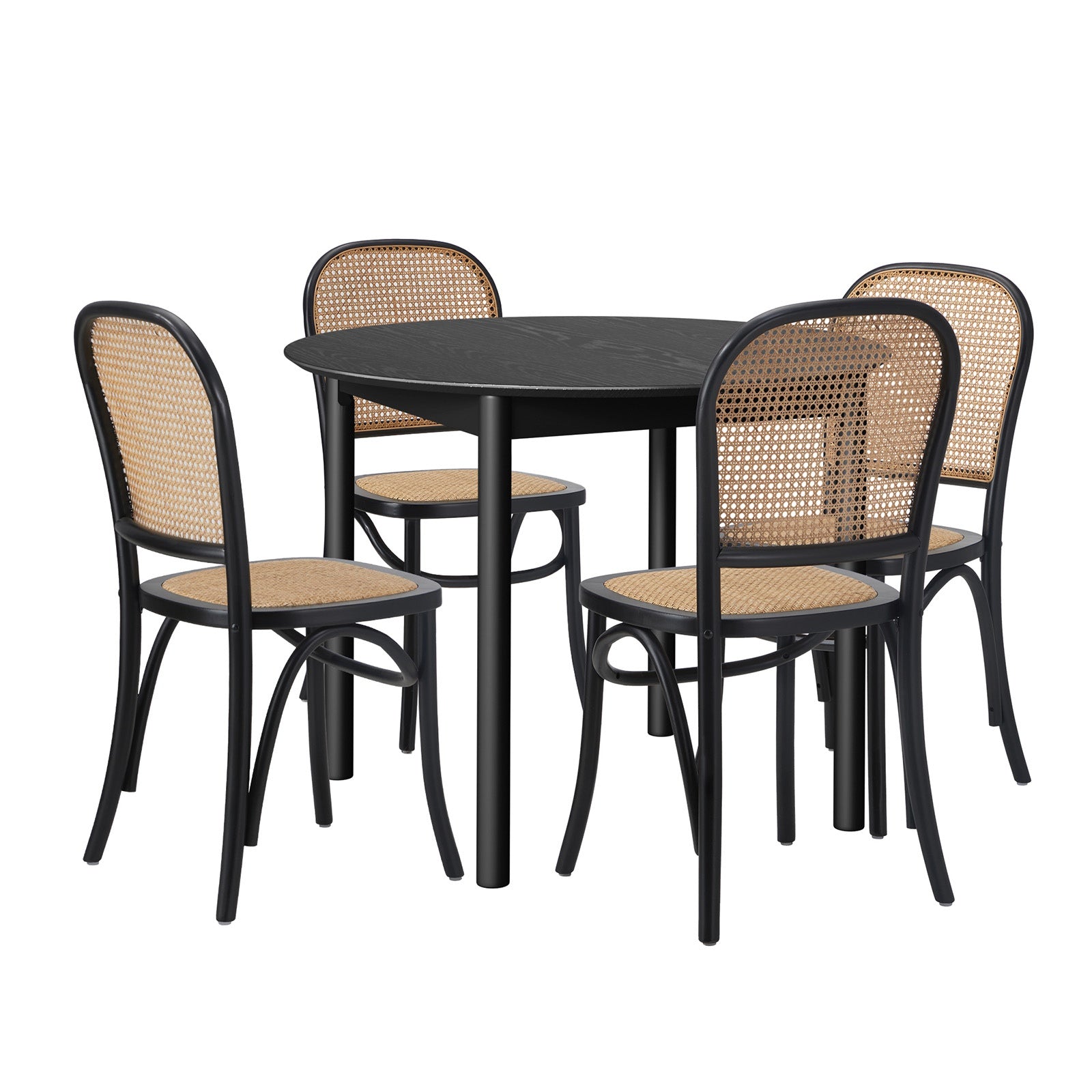 Oikiture 5PCS Dining Table Set Round Kitchen Table 4 Rattan Dining Chairs Black