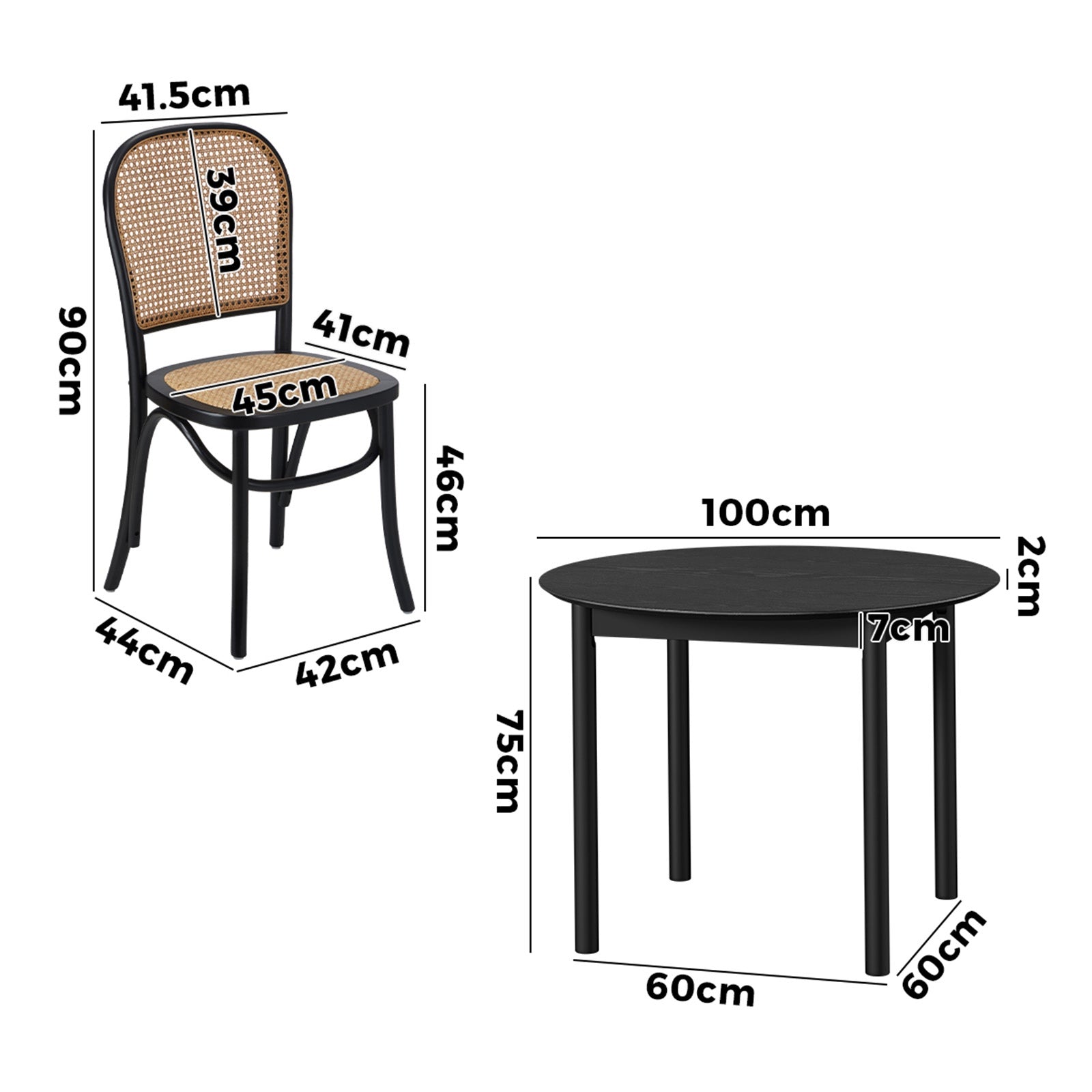 Oikiture 5PCS Dining Table Set Round Kitchen Table 4 Rattan Dining Chairs Black