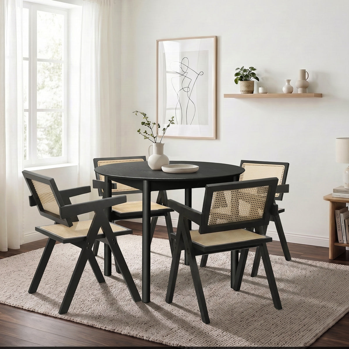 Oikiture 5PCS Dining Table Set Round Dining Table and Chairs Rubberwood Black - Sunyee