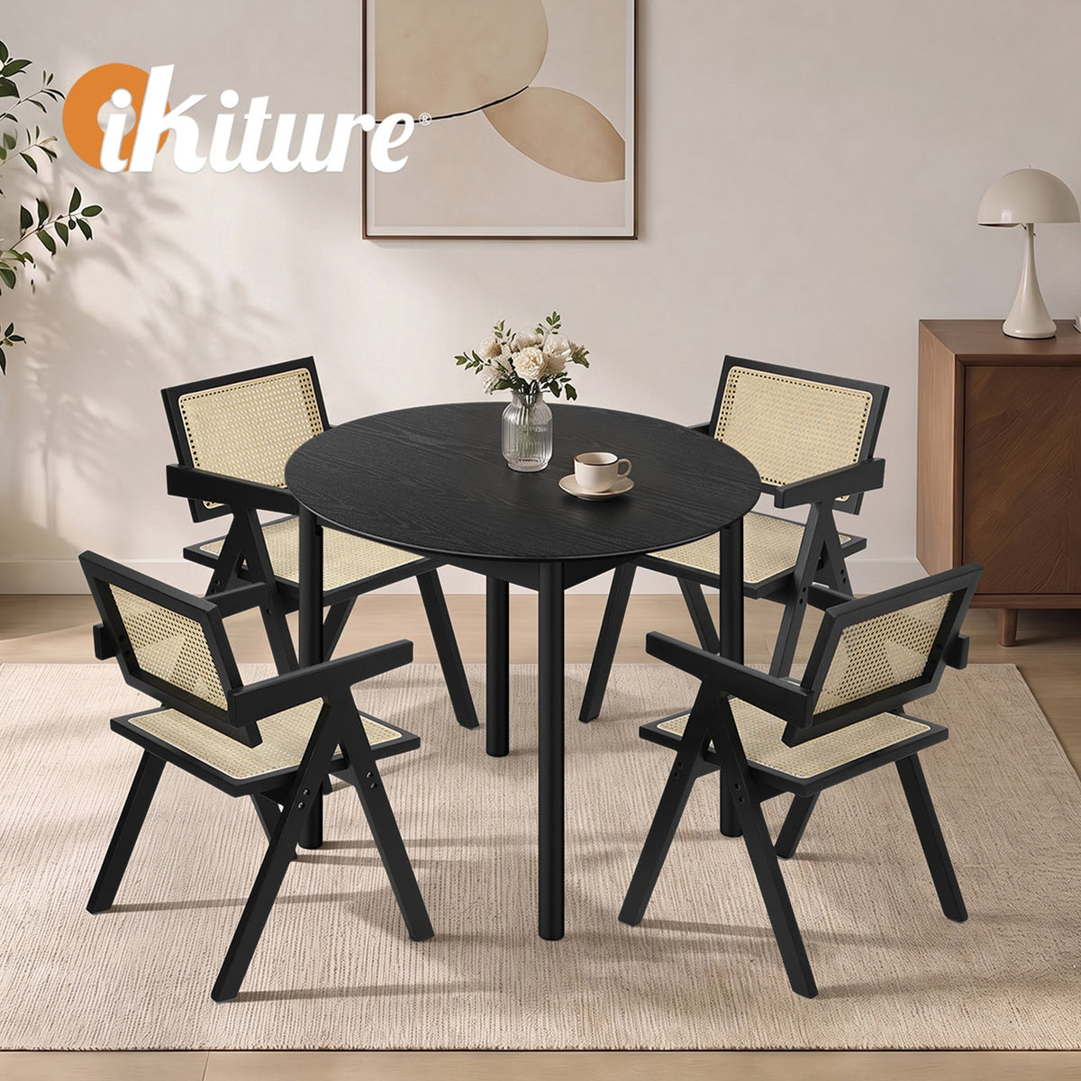 Oikiture 5PCS Dining Table Set Round Dining Table and Chairs Rubberwood Black - Sunyee