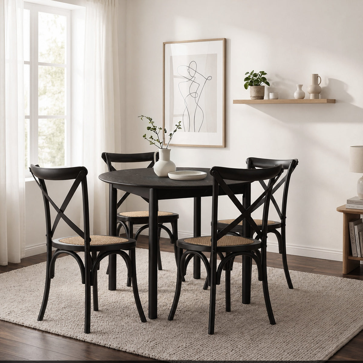 Oikiture 5PCS Dining Table Set 100cm Round Table and Rubberwood Dining Chairs