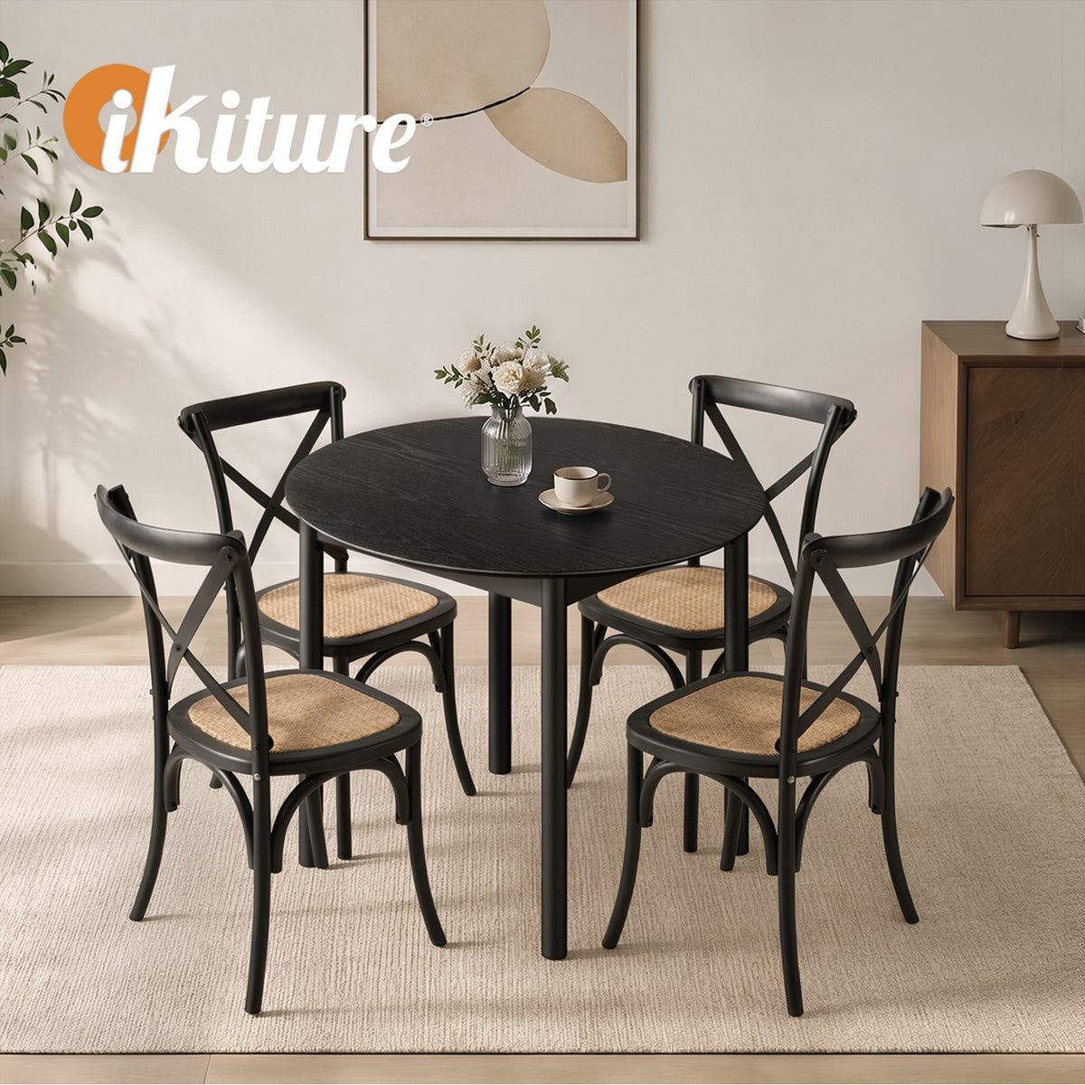 Oikiture 5PCS Dining Table Set 100cm Round Table and Rubberwood Dining Chairs