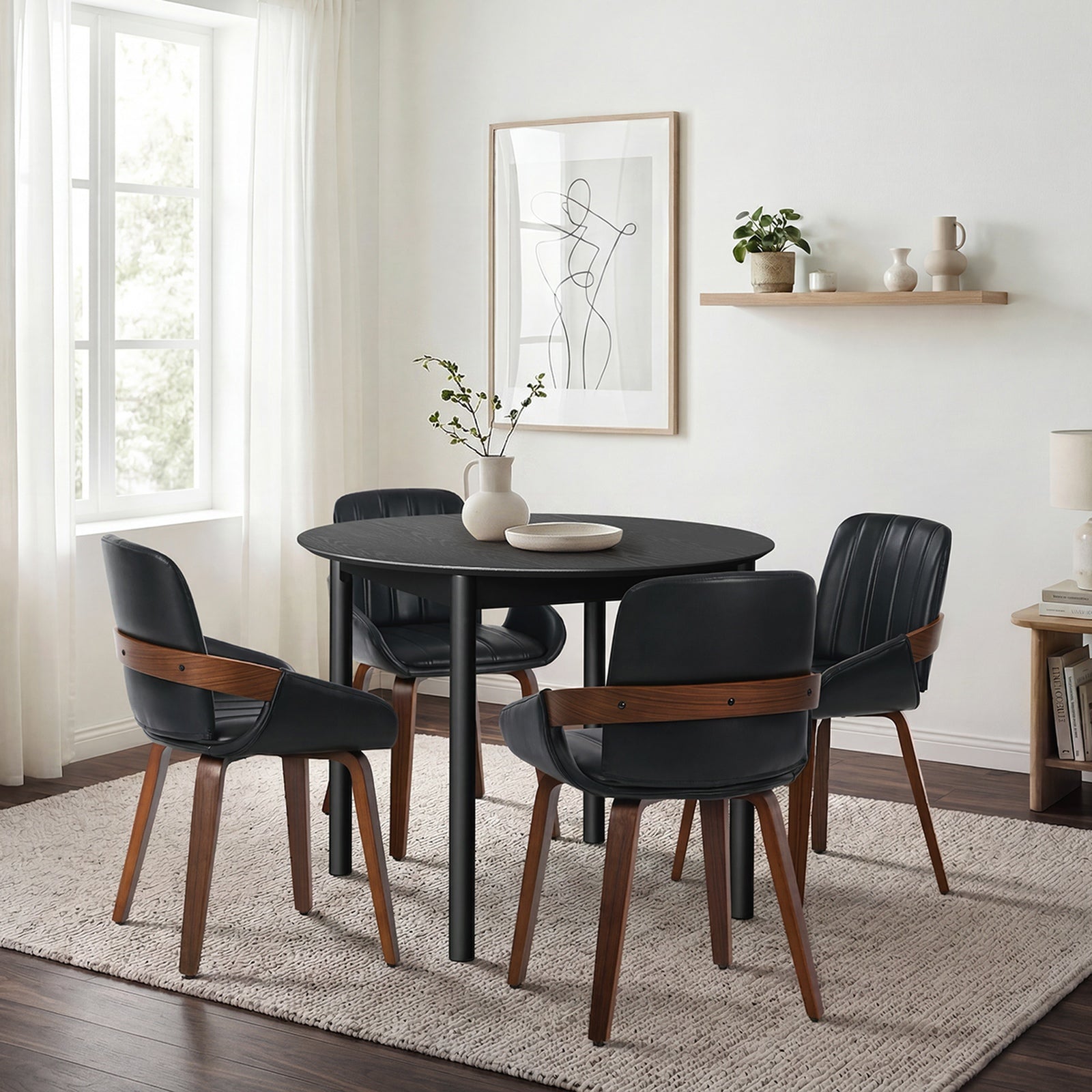 Oikiture 5PCS Dining Table Set 100cm Round Table 4 Faux Leather Dining Chairs