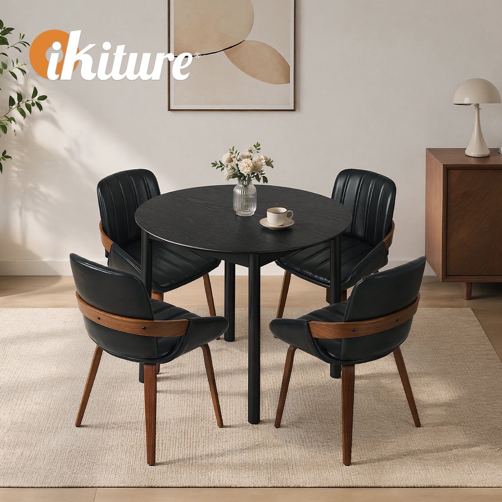 Oikiture 5PCS Dining Table Set 100cm Round Table 4 Faux Leather Dining Chairs