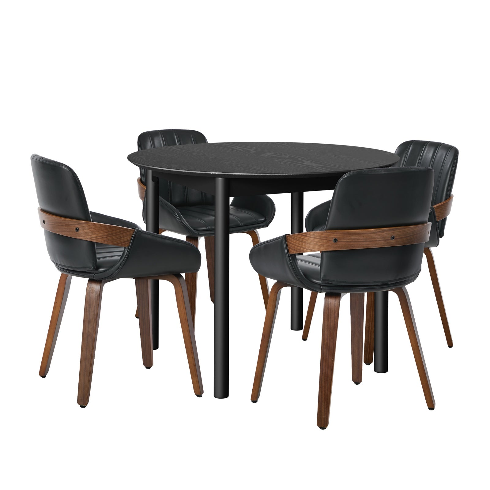 Oikiture 5PCS Dining Table Set 100cm Round Table 4 Faux Leather Dining Chairs