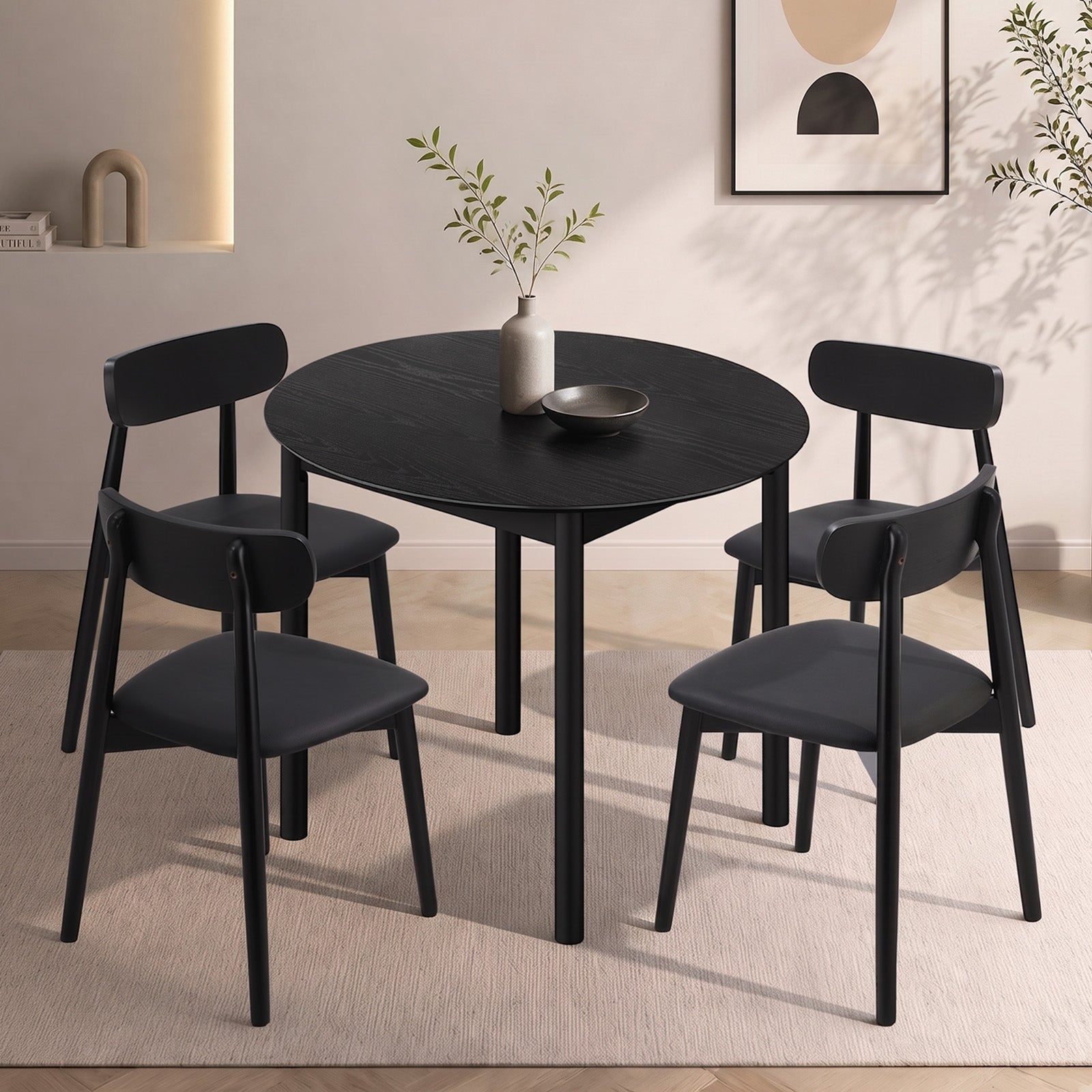 Oikiture 5PCS Dining Table Set 100cm Round Table 4 Rubberwood Dining Chairs