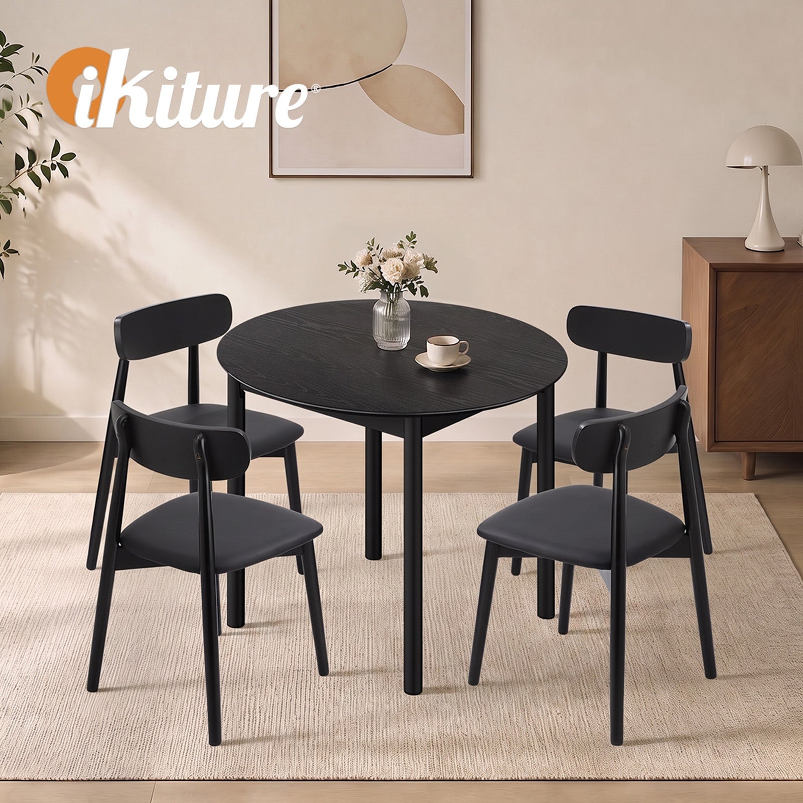Oikiture 5PCS Dining Table Set 100cm Round Table 4 Rubberwood Dining Chairs