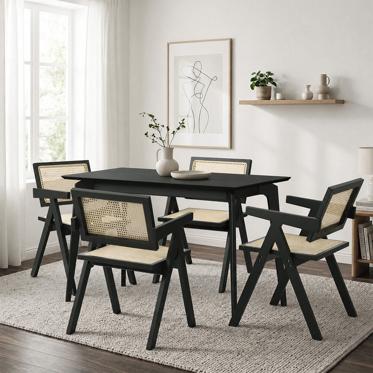 Oikiture 5PCS Dining Table Set Rectangle Dining Table and Chair Rubberwood Black
