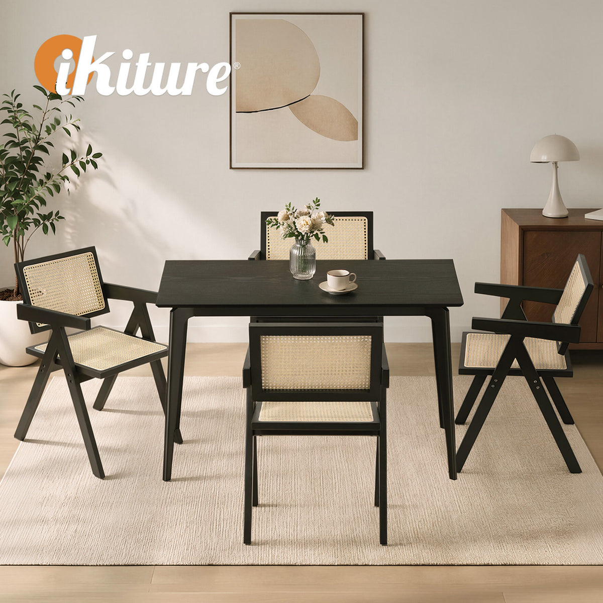 Oikiture 5PCS Dining Table Set Rectangle Dining Table and Chair Rubberwood Black
