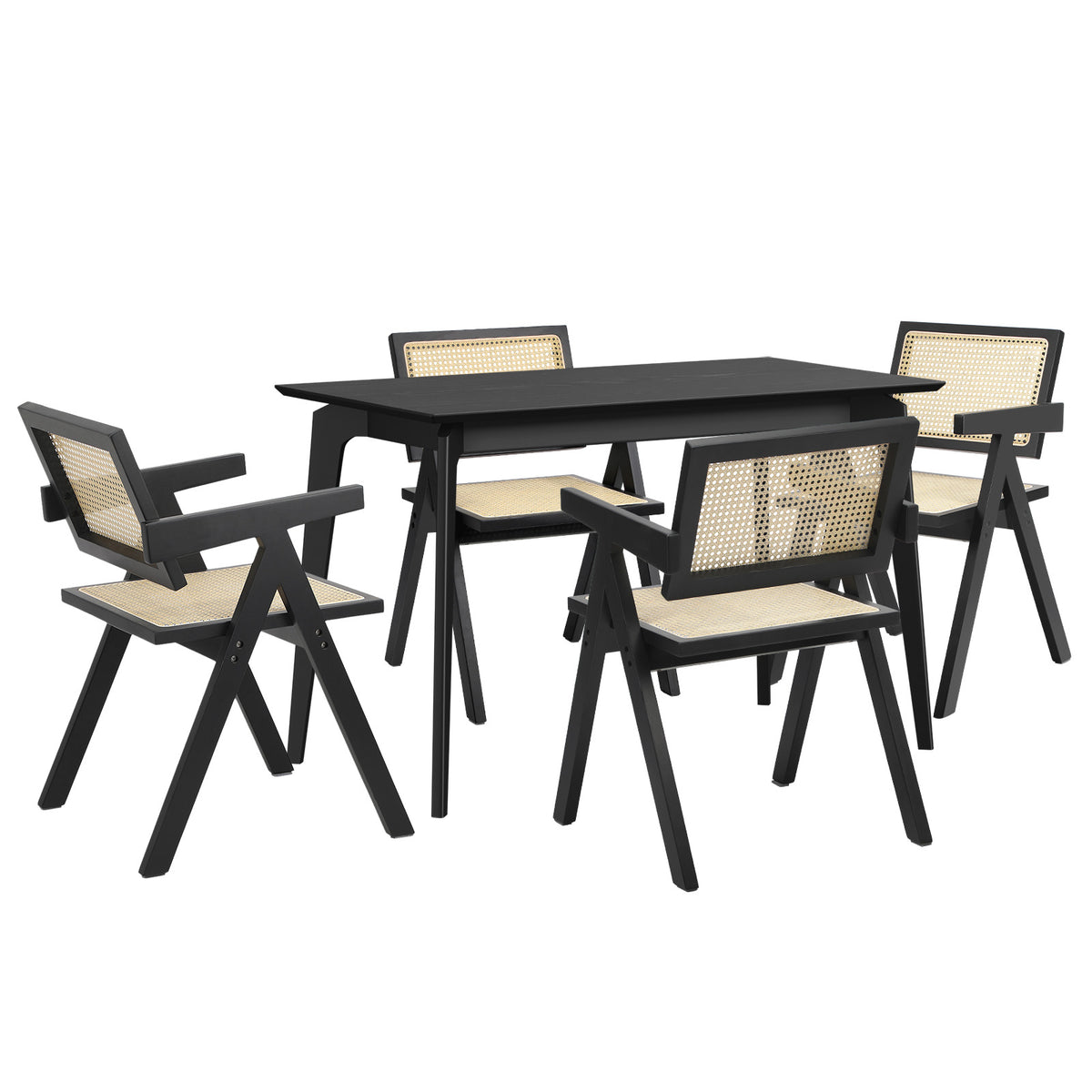 Oikiture 5PCS Dining Table Set Rectangle Dining Table and Chair Rubberwood Black